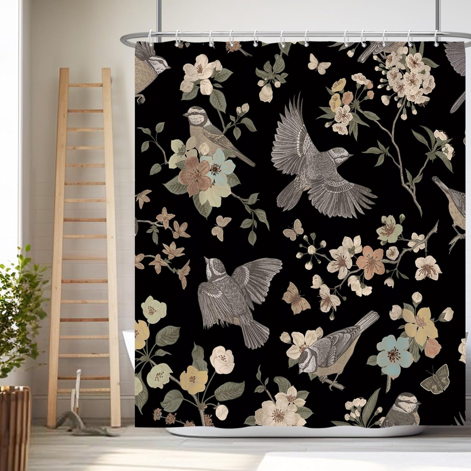 Renaiss 72x72 Inches Birds Floral Shower Curtain Watercolor Vintage Flowers Leaves Tree Branch Black Bath Curtain Plants Fabric Shower Curtains for Bathroom Decor Waterproof Polyester with Hooks