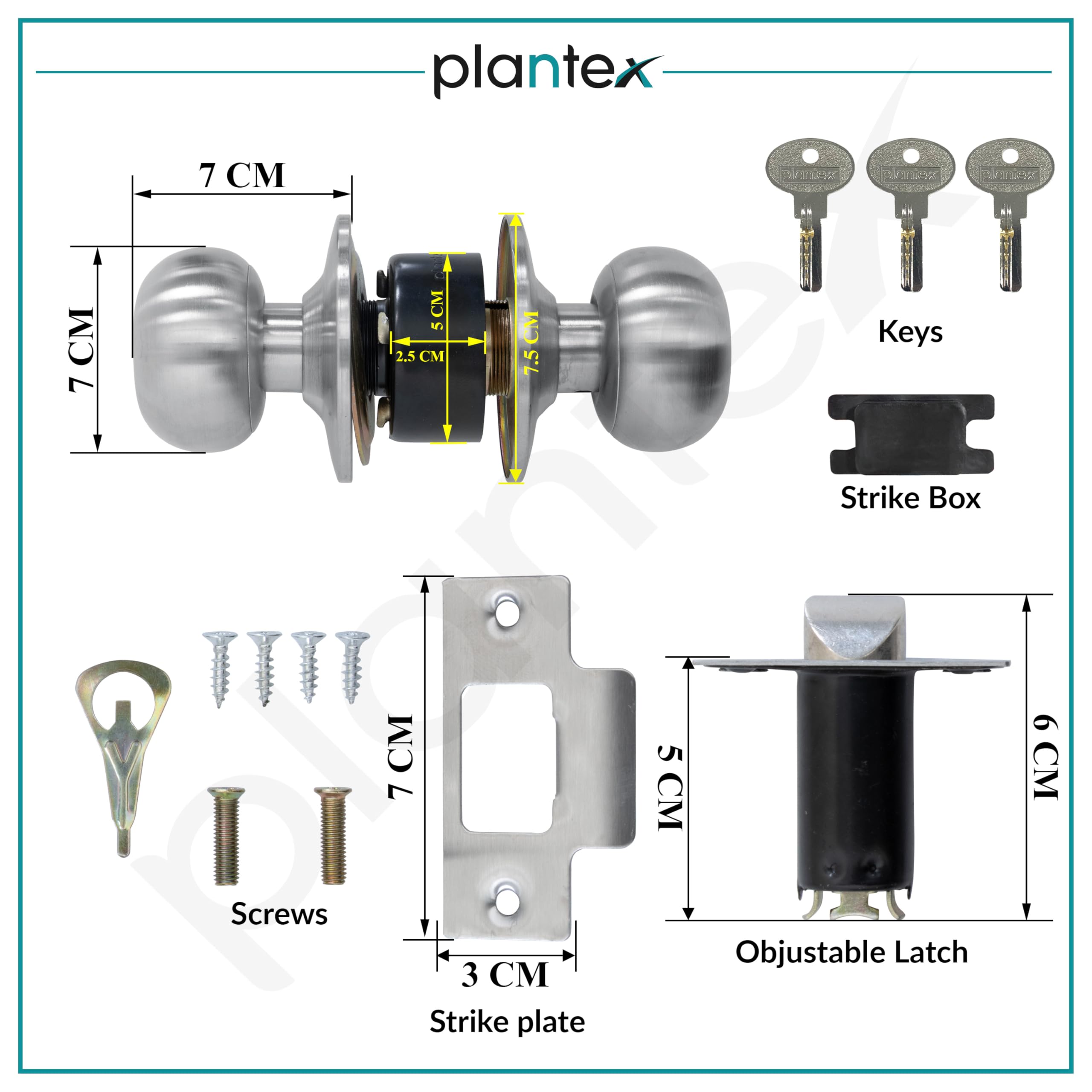 Plantex Stainless Steel Door Lock - Cylindrical Lock with 3 Keys/Tubular Door Knob/Lock for Main Door/Bedroom (Matt) — Amazon image 6