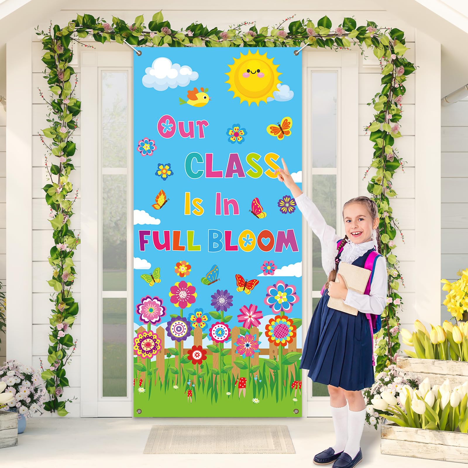 Classroom Door Cover Decoration Our Class Is In Full Bloom Spring Door Banner Large Flower Porch Backdrop Sign for Back to School Door Indoor Outdoor