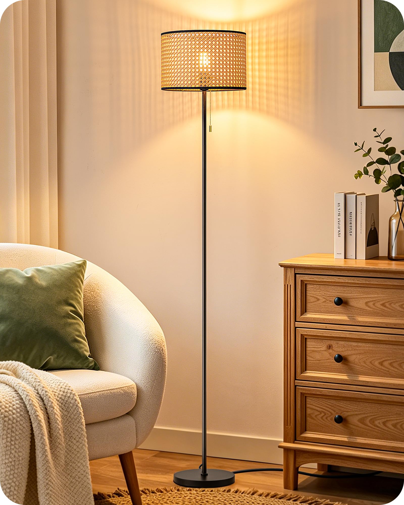 EDISHINE Lampada da Terra Boho Soggiorno, Paralume in Rattan, Nero | Lampada da Terra Angolare Moderna, Interruttore a Catenella, E27, LED Inclusa, Bianco Caldo 2700 K, Camera, Corridoio, 160 cm