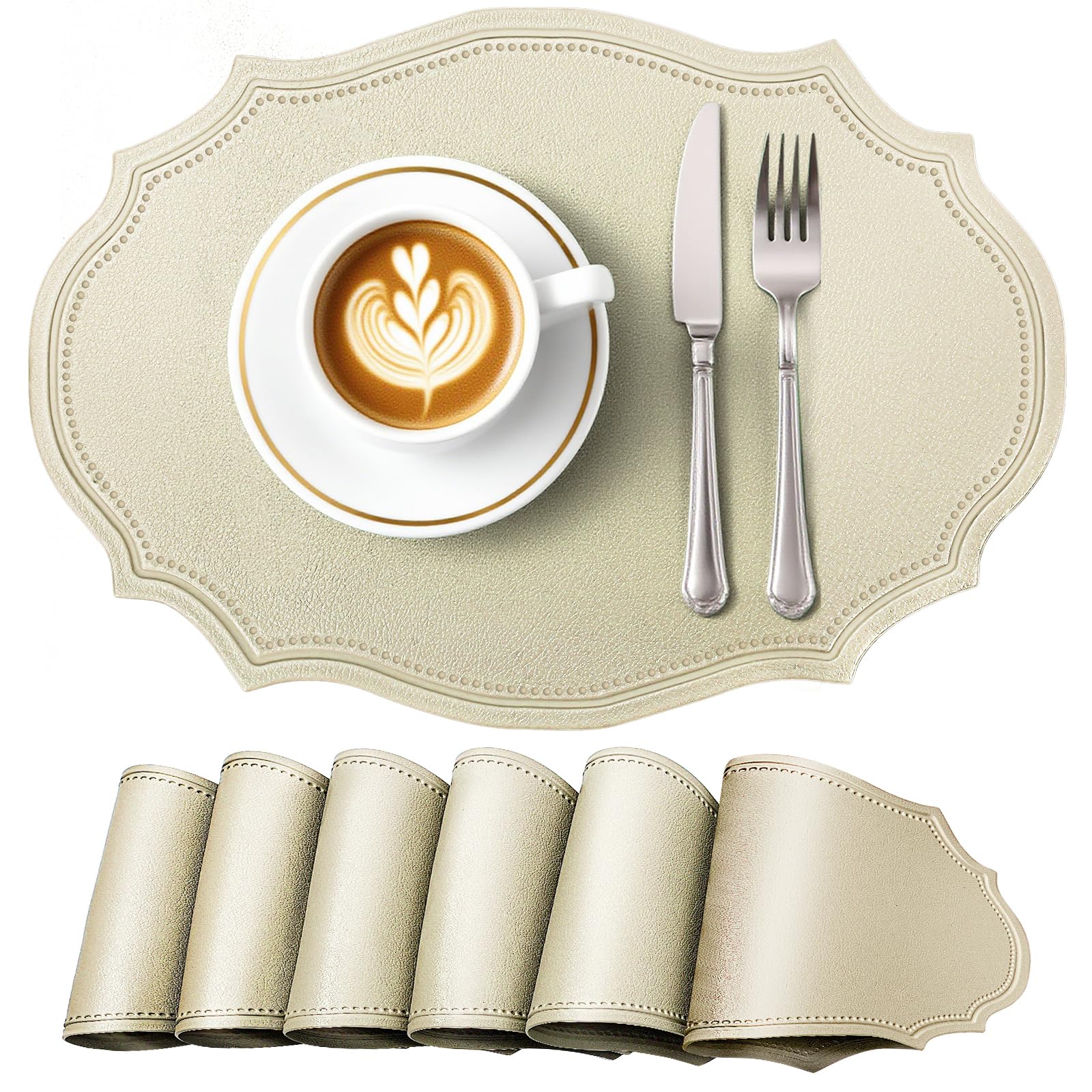 fanquare Beige Oval Retro Faux Leather Place Mats for Table 6