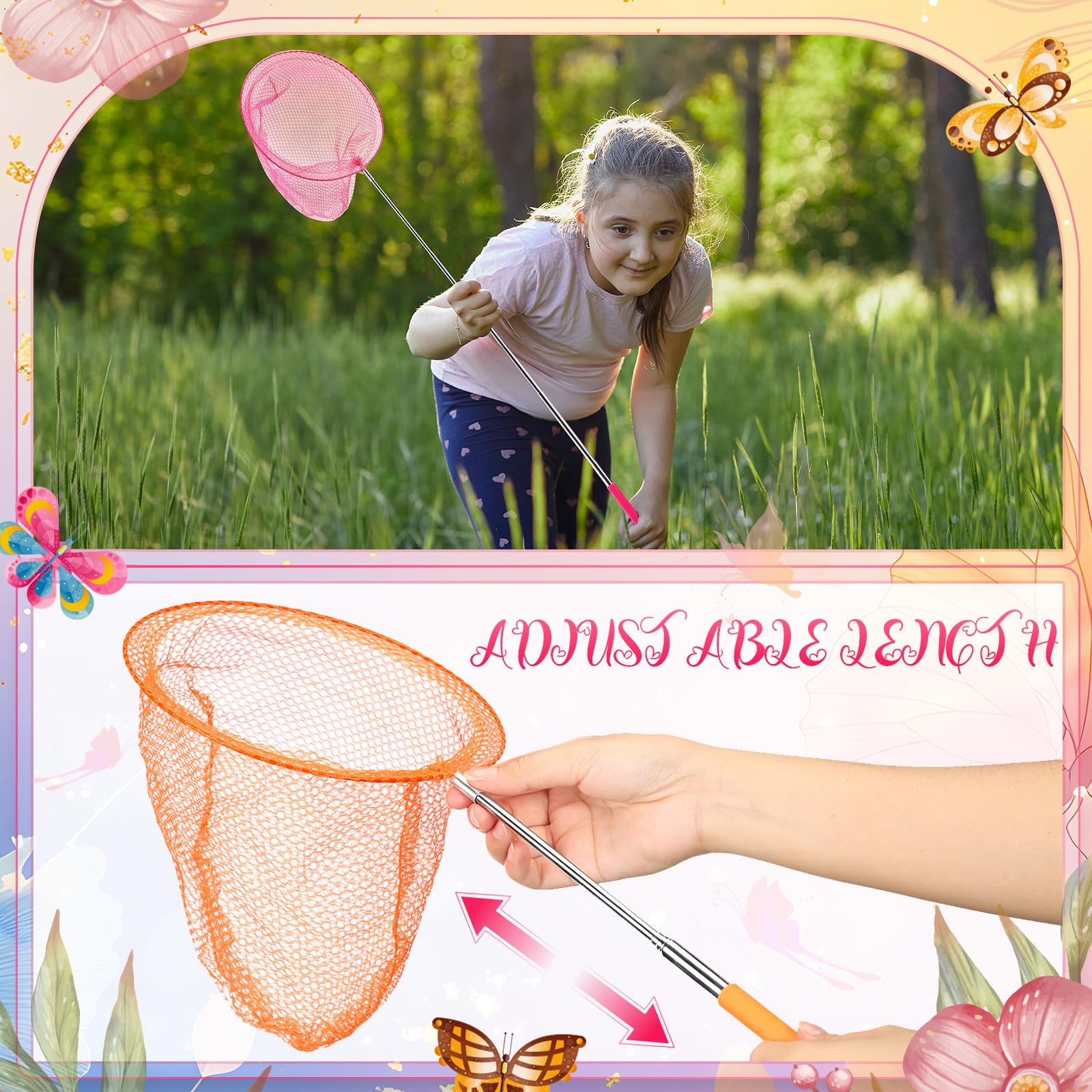 Sosation 60 Stück Teleskop-Schmetterlings-Fischernetze für Kinder, bunte Käfer-Fangnetze, Outdoor-Werkzeuge zum Fangen von Schmetterlingen, Insekten, Käfern, Fischen, Marienkäfern, ausziehbar von 38,1