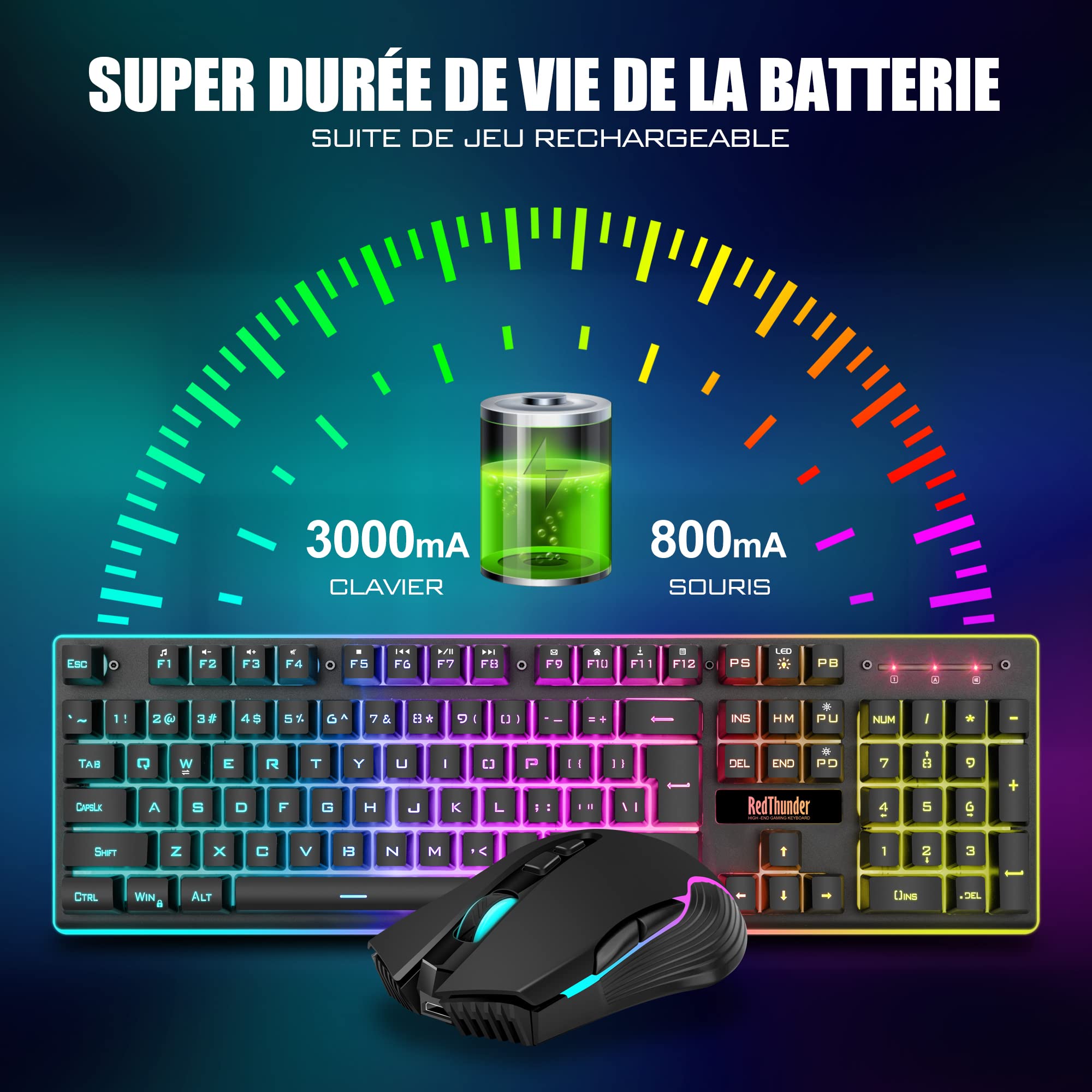 RedThunder K10 Ensemble Clavier et Souris Gaming sans Fil, AZERTY FRANÇAIS, Rétroéclairage LED 3800mAh Batteries Rechargeables, Clavier USB Anti-ghosting + Souris 7D 3200DPI pour PC Gamer Xbox(Noir)