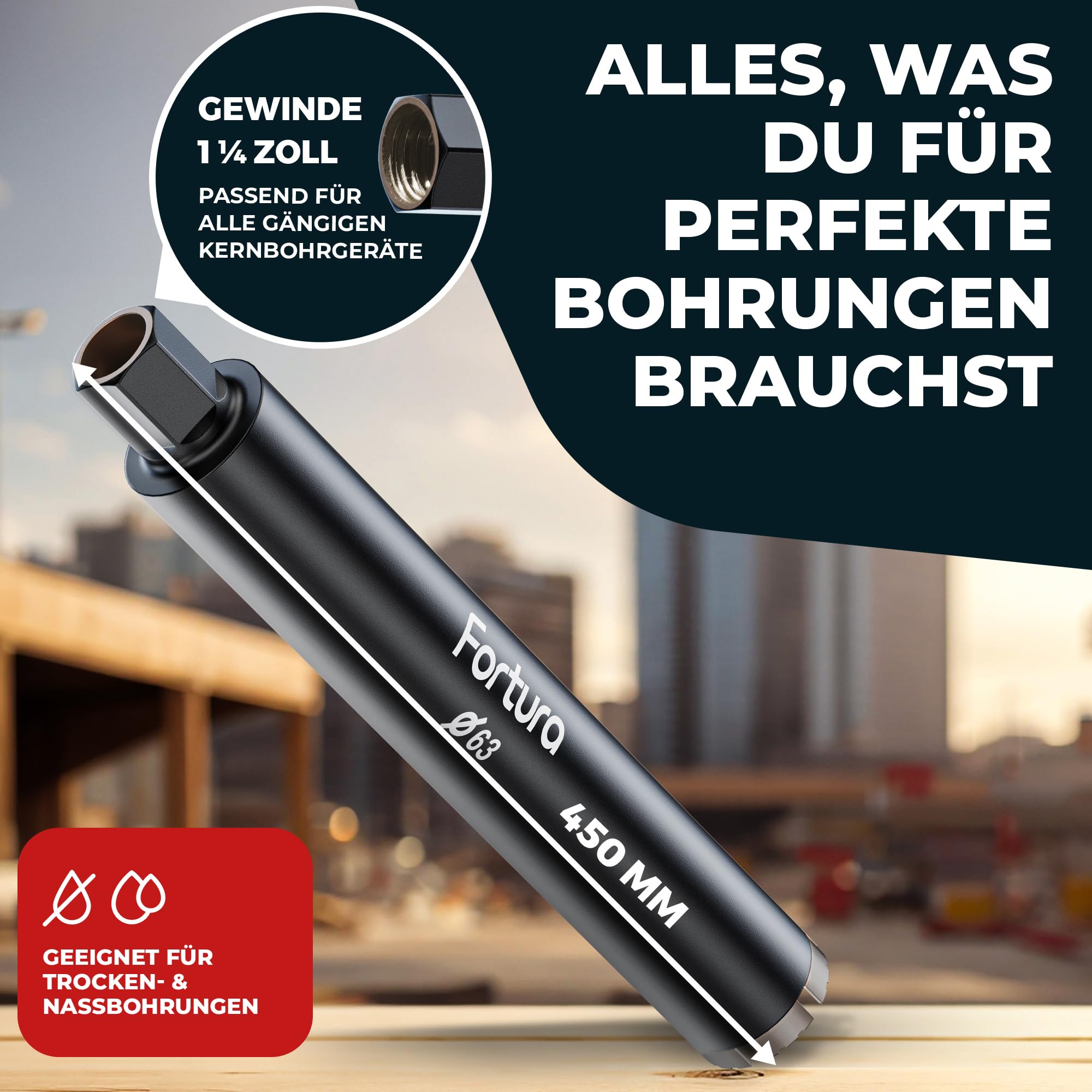 Fortura Kernbohrer Ø42-162mm 400mm Länge 1 ¼ Zoll Diamantbohrkrone Beton