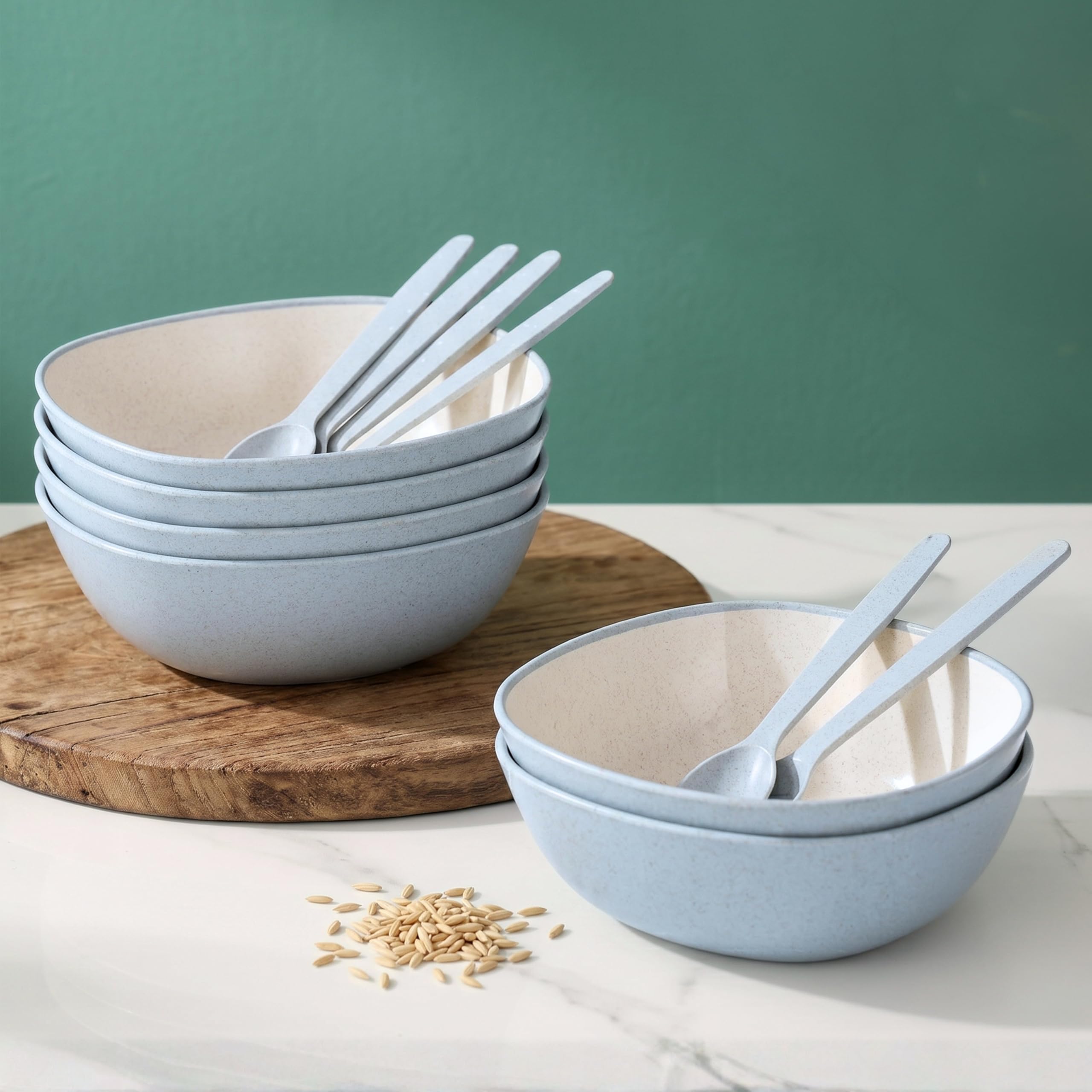 Eha Set of 6 Earth-Friendly Multipurpose Bowls for Kitchen | 600 ml | Made with Bamboo Fibers & Rice Husk | Microwave Safe Bowl | for Hot & Cold Serving Bowl Set | Azure