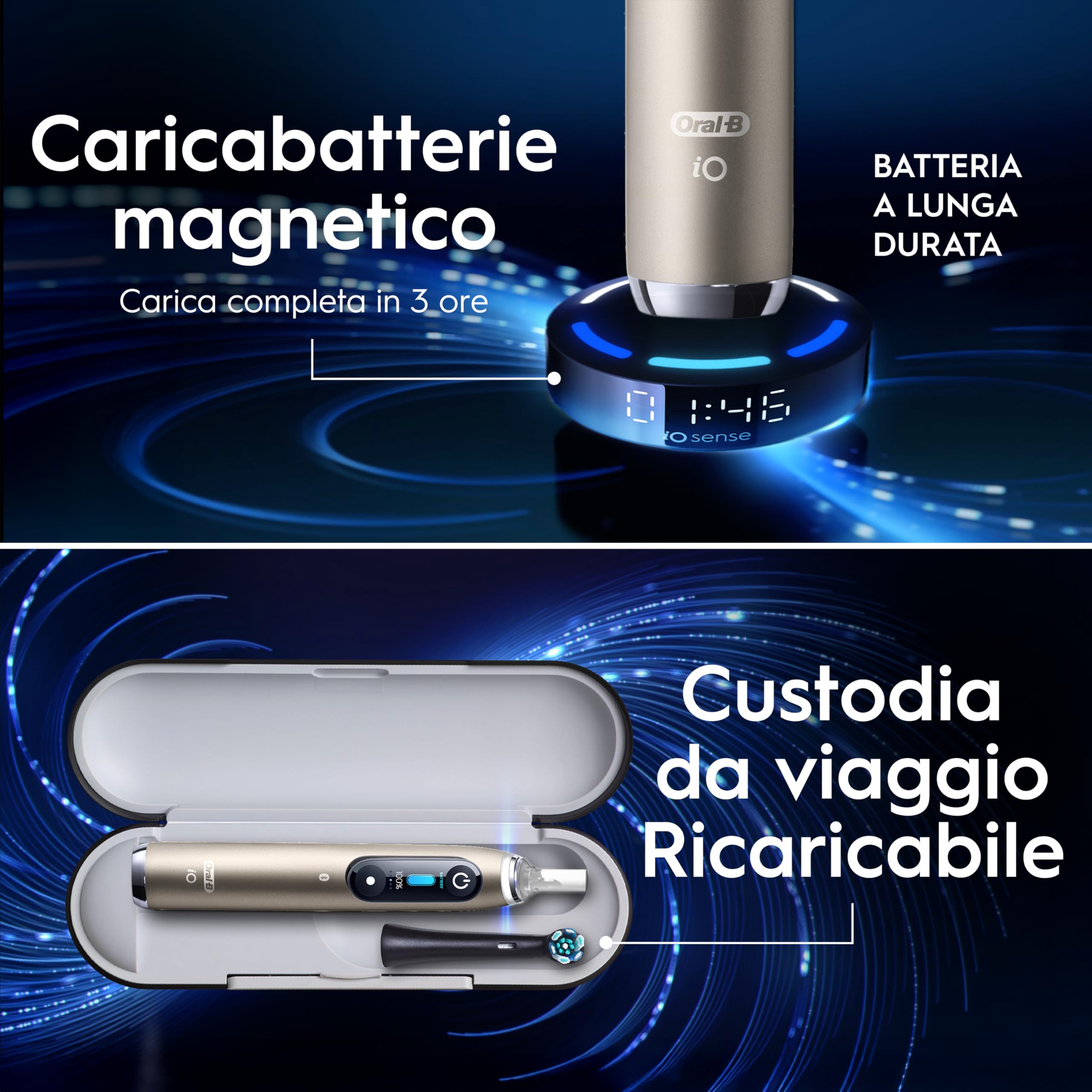 Oral-B iO 10 Spazzolino Elettrico, Testina di Ricambio, Custodia, Lunar Gold - Testina di Ricambio per Spazzolino Elettrico, Ricaricabile, Caricatore Magnetico, Custodia da Viaggio, Pulizia Denti