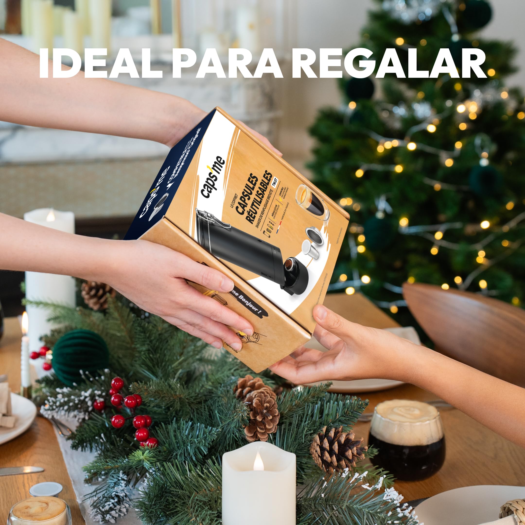 CAPS ME - Kit Completo de Cápsula Recargable para Nespresso Original (1 Agitador + 3 Cápsulas Reutilizables de Acero Inoxidable + 48 Tapas de Papel + Café Premium) - Regalo Económico y Ecológico.