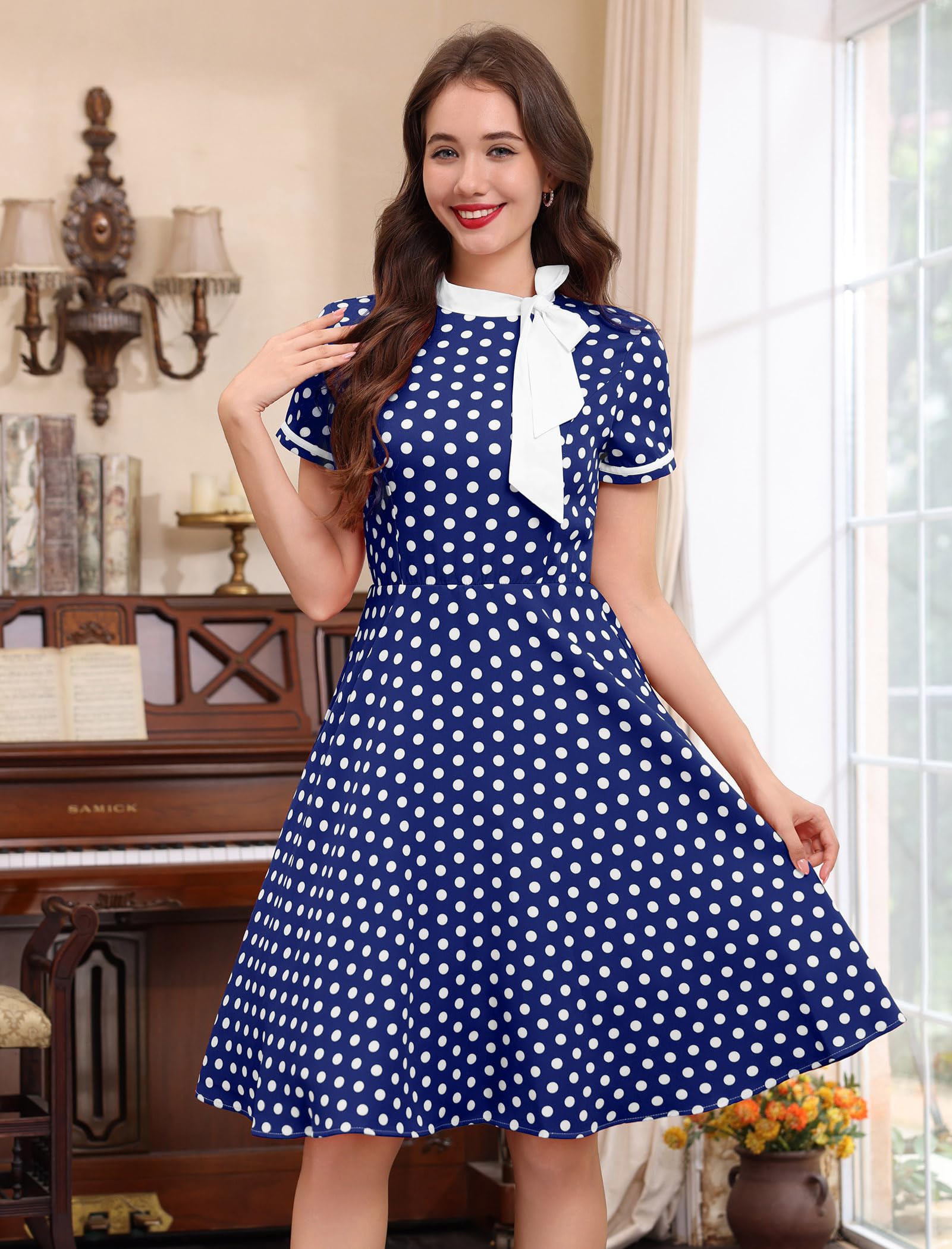 Abito da donna in stile anni '50, vintage, a pois, con fiocco, per lavoro, stile Audrey Hepburn, Rockabilly, cocktail party, Blu reale, S