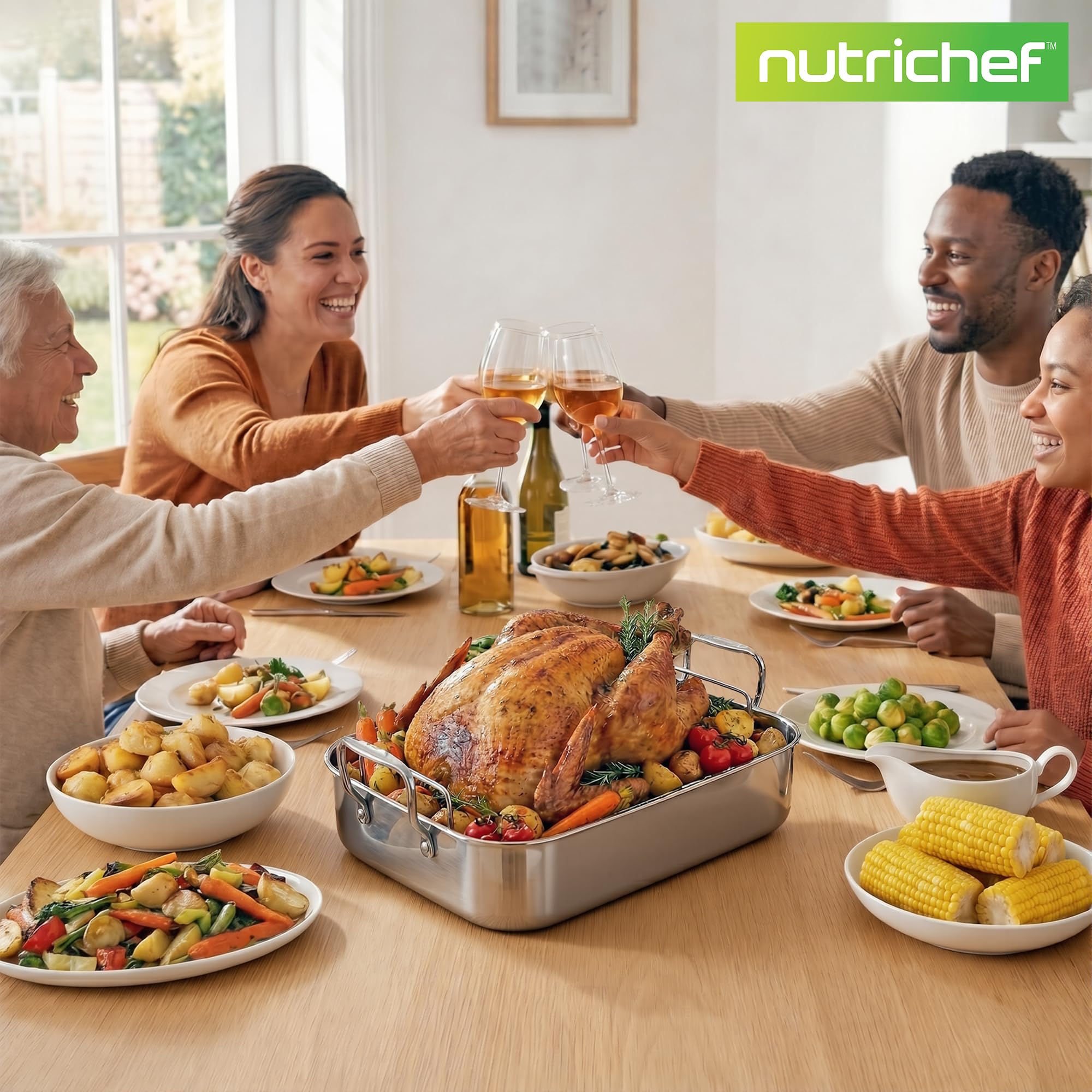 NutriChef Plat à Rôtir en Acier Inoxydable de 36 cm avec Grille en Fil Poli – Plat a Rotir avec Grille avec Poignées Intégrées - Ustensile de Cuisson Robuste pour Dinde, Poulet, Viandes, et Plus