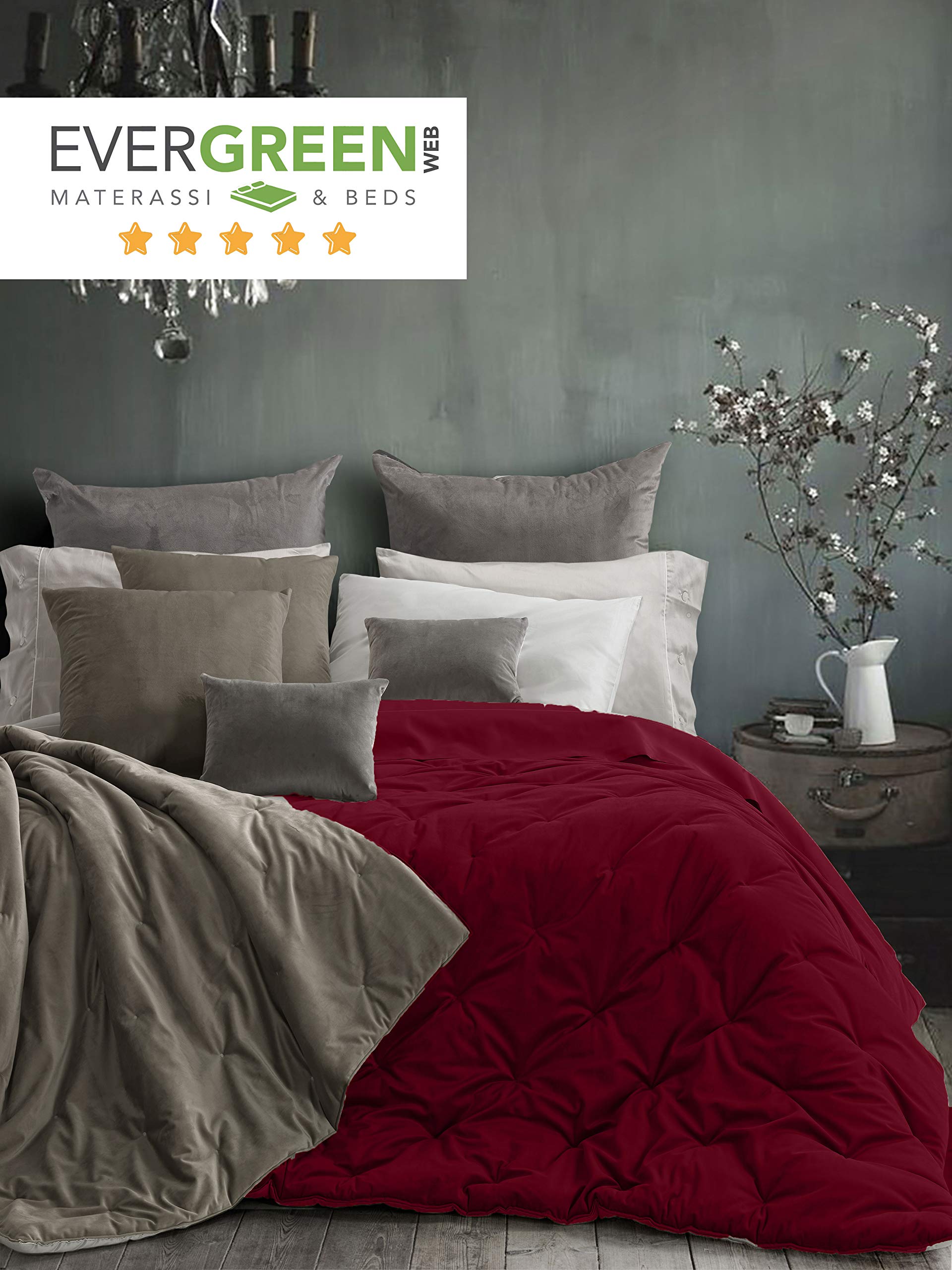 EVERGREENWEB - Trapunta Letto Matrimoniale 270x270 cm Copriletto Invernale con Rivestimento in Velluto color Vinaccia Imbottito in Morbida Microfibra di Poliestere 100% IPOALLERGENICO Lavabile, VELVET