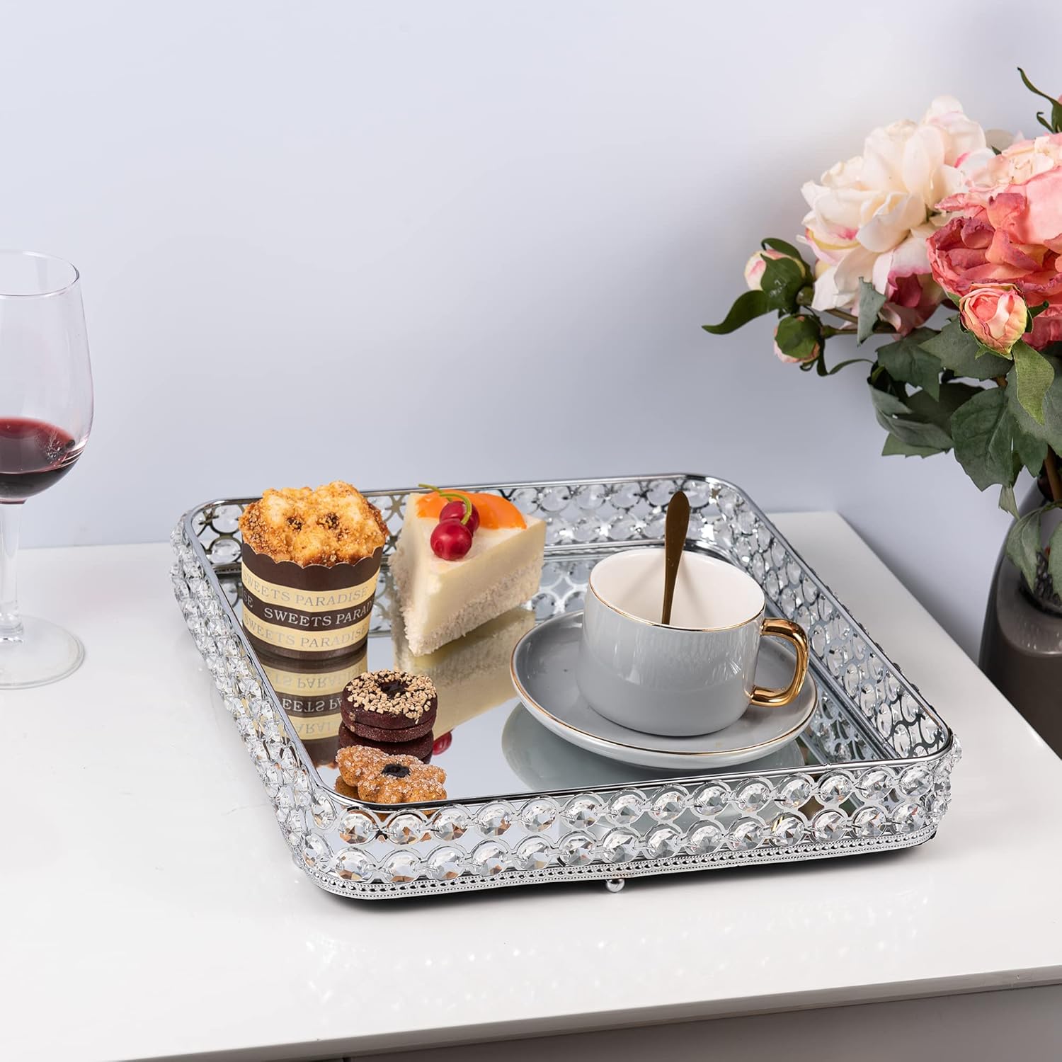 Feyarl Crystal Vanity Perfume Tray Jewelry Trinket Organizer Decorative Cosmetics Serving Coffee Table Tray with Anti-Scratch Real Glass Mirror Surface for Party Wedding Dresser Room (11.8 x 11.8inch)