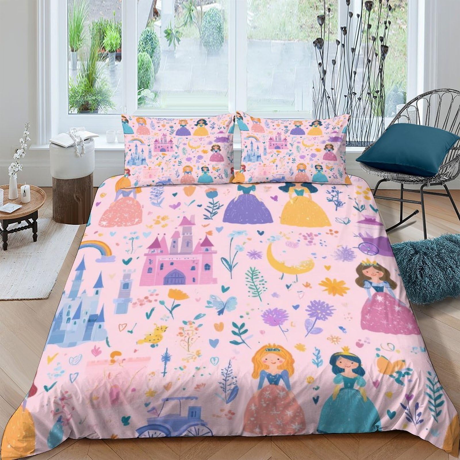 Ctjqhvkz Style-9 3D Printed Fairy Princess Fitted Sheet Microfiber Soft Pink Castle Mattress Cover For Bedroom Dorm Decorative Use Single（135X200cm）