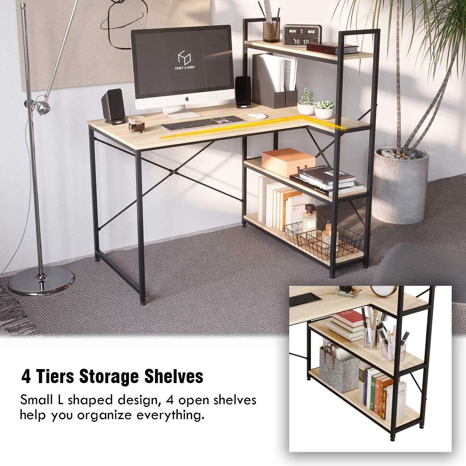 Nost & Host LShaped Corner Desk with Storage Shelves, 46 Inch Small L
