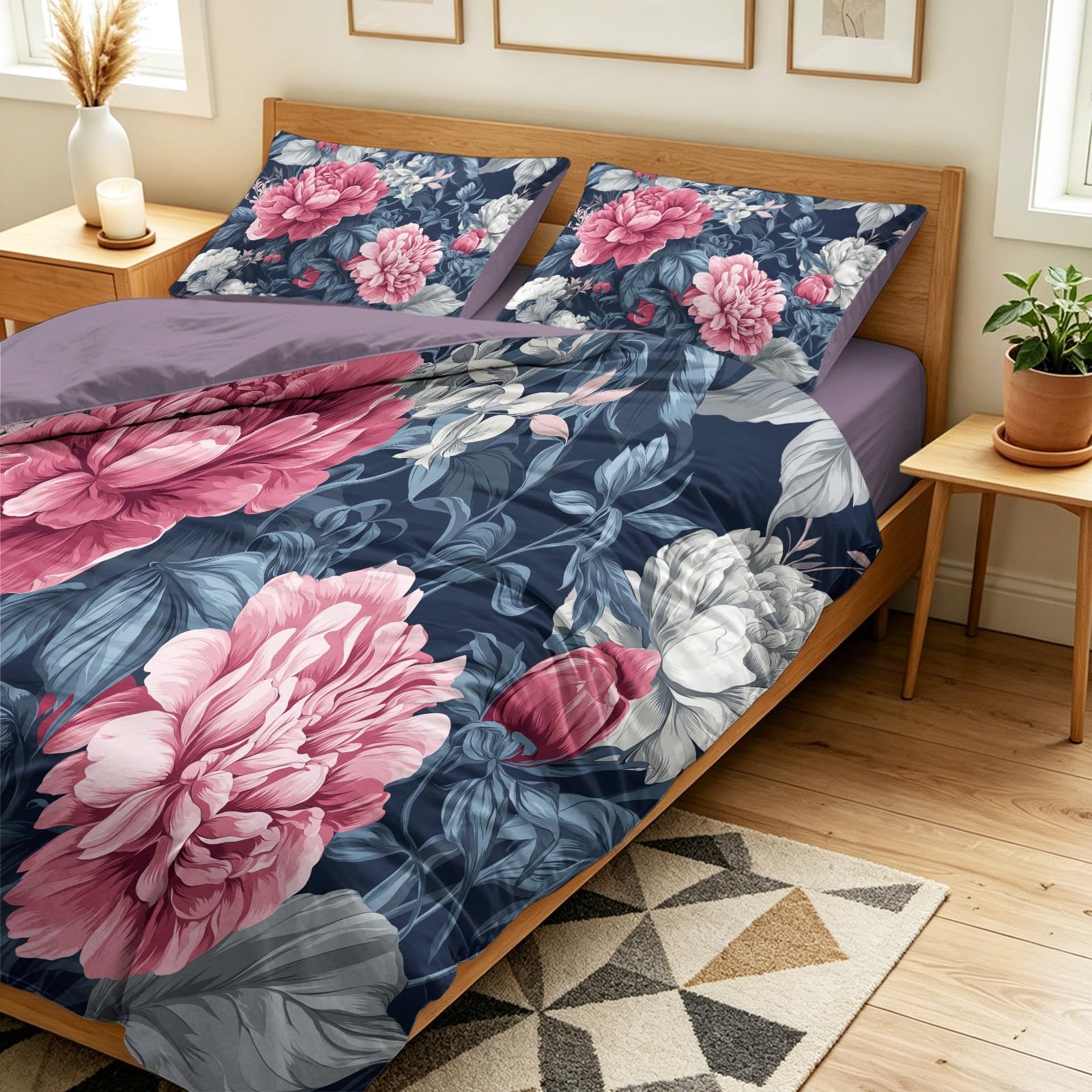 Générique Retro Floral Poszwa na kołdrę Zestaw pościeli 4-częściowy Piwonia Róża, Zestaw pościeli z mikrofibry Fioletowy wzór Pościel z 2 poszewkami na poduszki i 1 prześcieradłem z gumką 200 x 200 cm