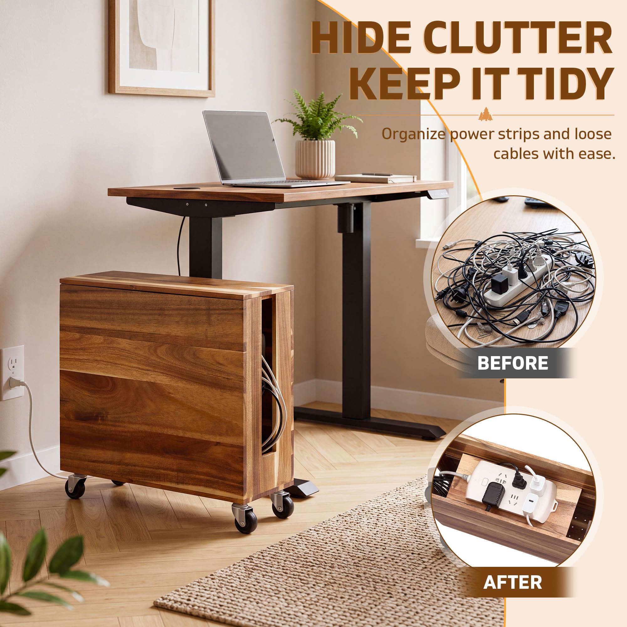 Briwooody Scatola di gestione dei cavi extra large con ruote girevoli, regolabile, per ciabatte, router in legno di acacia, protezione contro le sovratensioni, per ufficio, casa (colore legno)