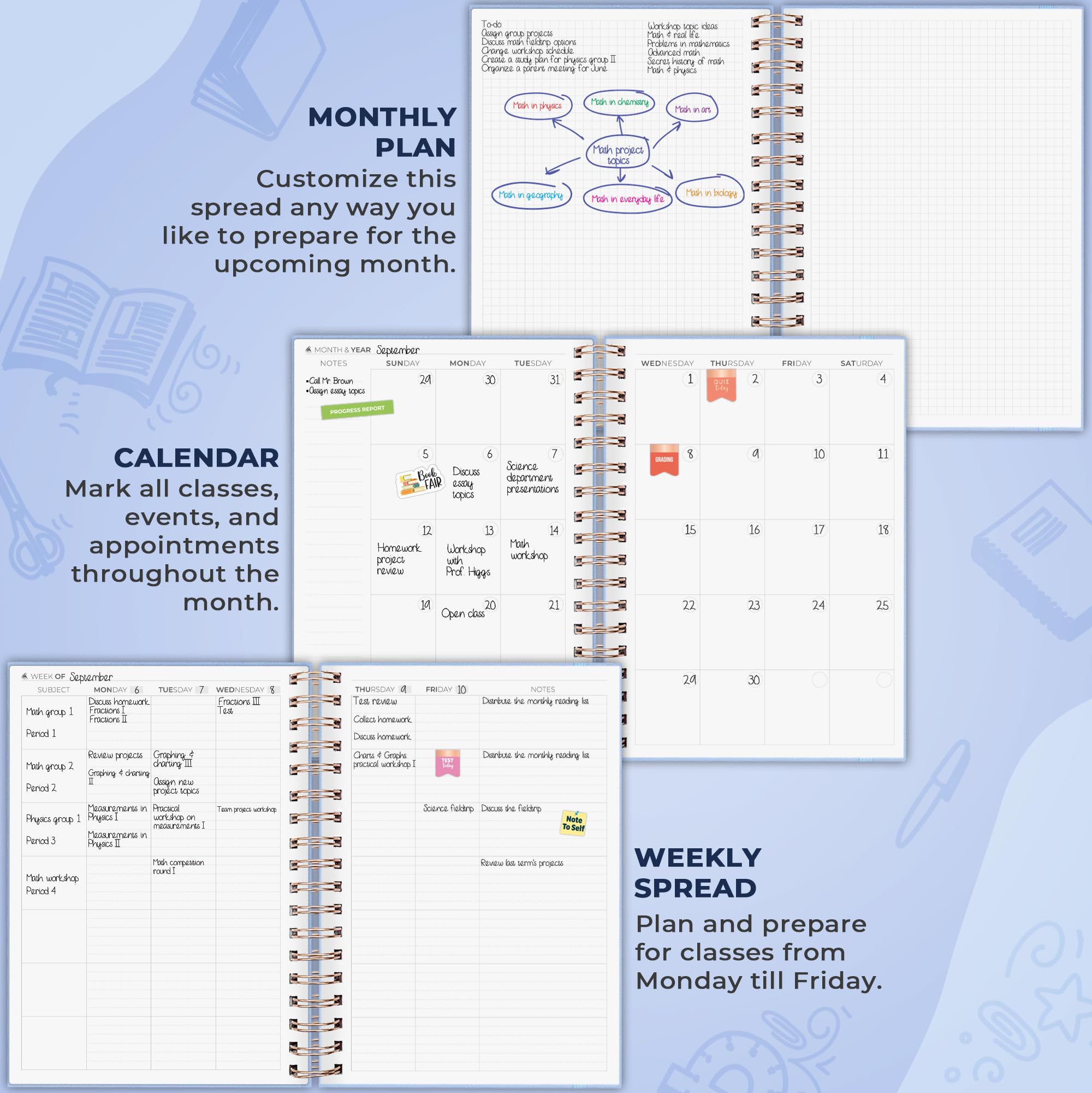 Clever Fox Planificador para profesores en espiral, planificador de año escolar con calendarios y planes de lecciones, libro de plan para profesores para organización de aula y escuela en casa, sin