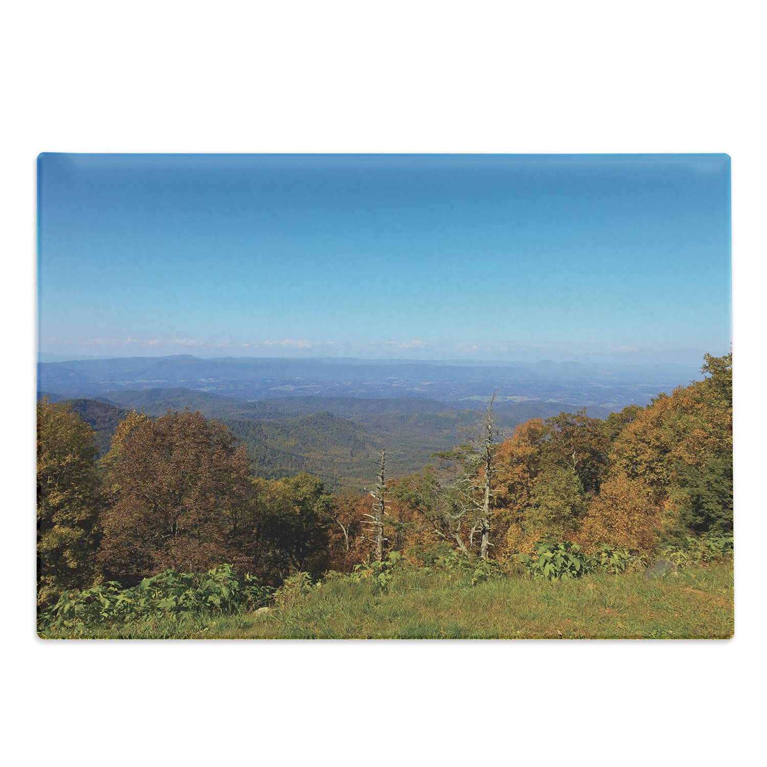 Ambesonne Appalachian Cutting Board, Aerial Panoramic Photo of Autumn Seasonal Virginia Mountains and Open Sky, Decorative Tempered Glass Cutting and Serving Board, Large Size, Multicolor