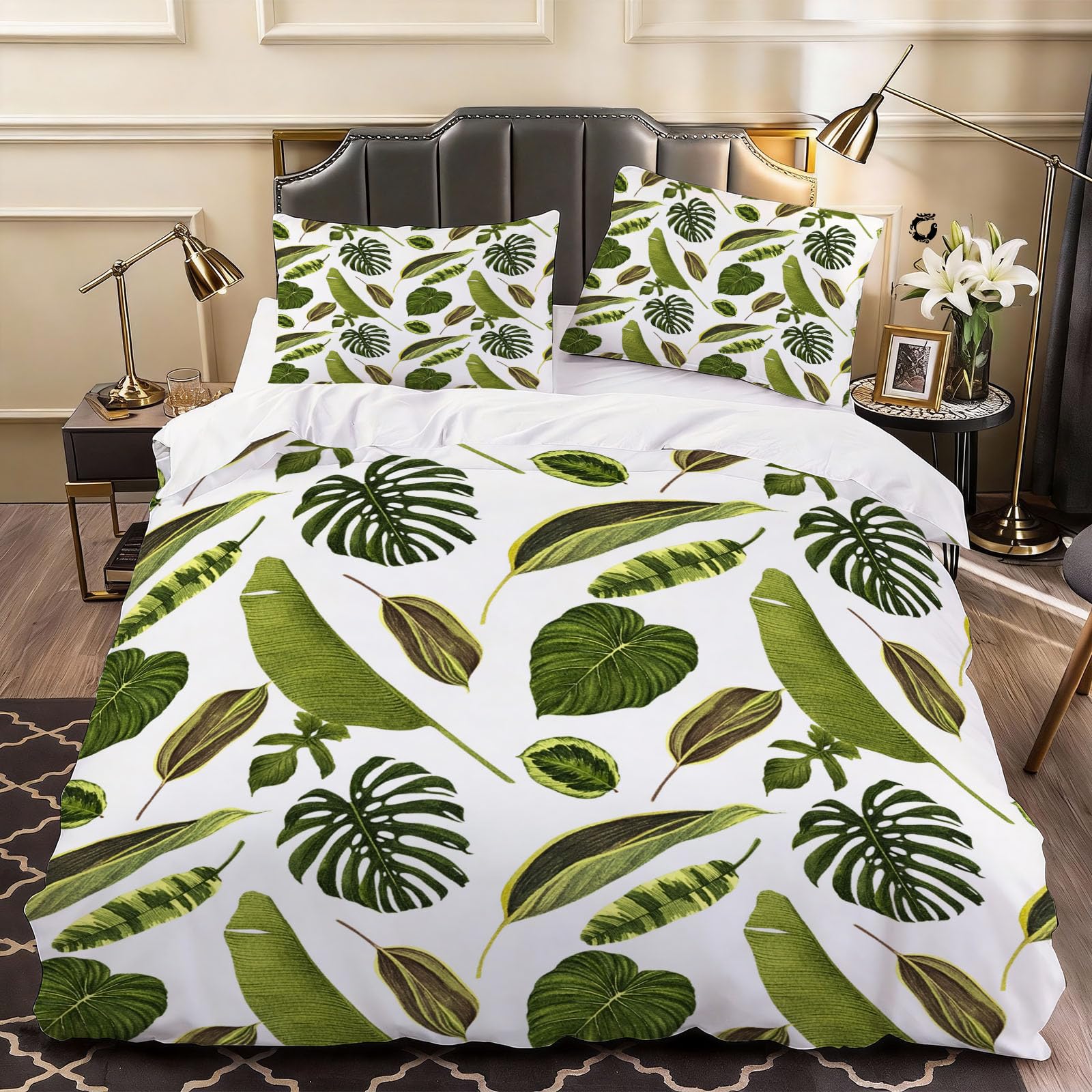 3D Tropical Leaves Botanical Duvet Cover Simple Bedding Super King Bed Set, Soft Microfiber Comforter Cover Printed with Zipper Closure Quilt Coverr 260x220 cm and 2 Pillowcases