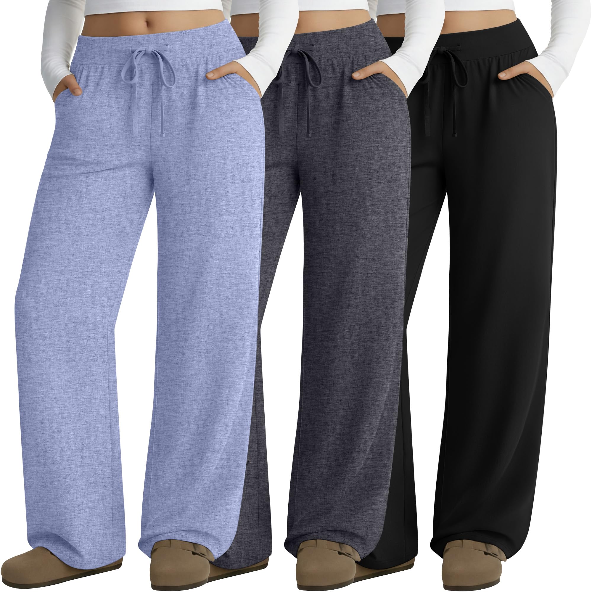 Neer 3 Pack Women's Plus Size Lounge Pants, Wide Leg Yoga Pants Baggy Drawstring Sweatpants with Pockets Casual Loose Jogger
