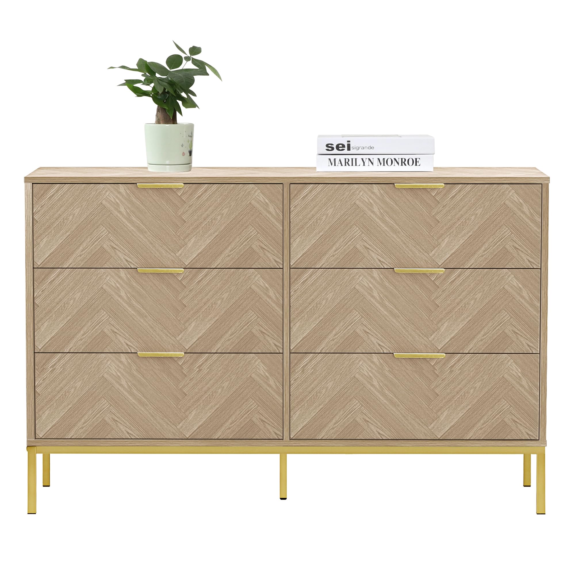 Yvsevnr 6 Drawer Chest of Drawers Wooden with Metal Handles Herringbone Large Drawer Storage Organiser Unit Cabinet Organizer Dresser for Hallway Bedroom Living Room Furniture 120 x 40 x 80.7 cm