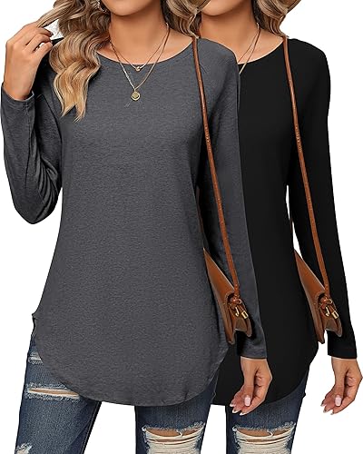 2 Pack Women's Long Sleeve Shirts, Loose Fit Crew Neck Tunic Tops Loose Fit Side Split Basic Pullover Tee Shirts