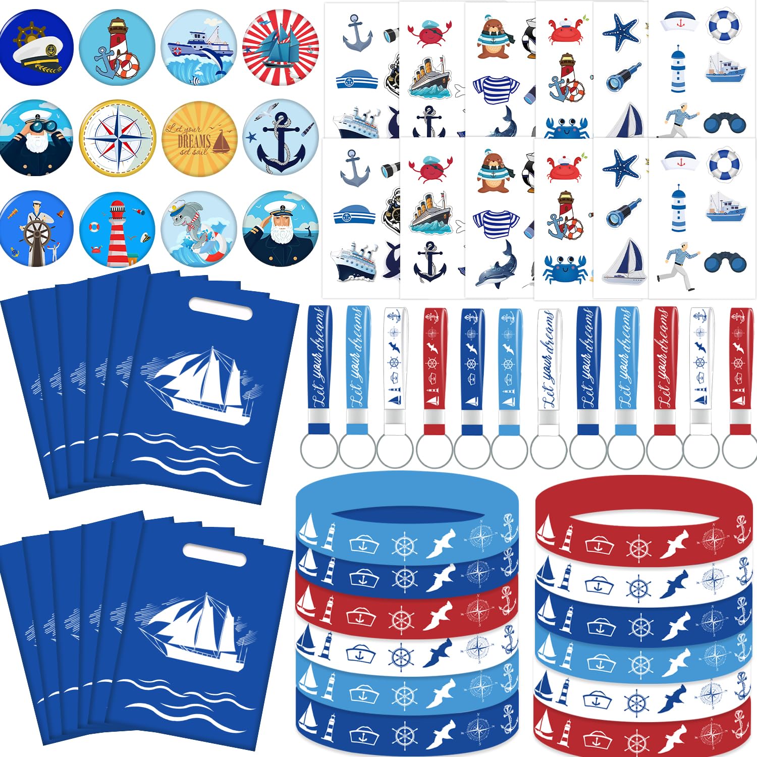 qhqqwzxqc 60PCS Nautical Party Favors Set Cruise Travel Tattoos, Nautical Rubber Bracelets, Nautical Badge, Nautical Keychains Summer Beach Pool Party