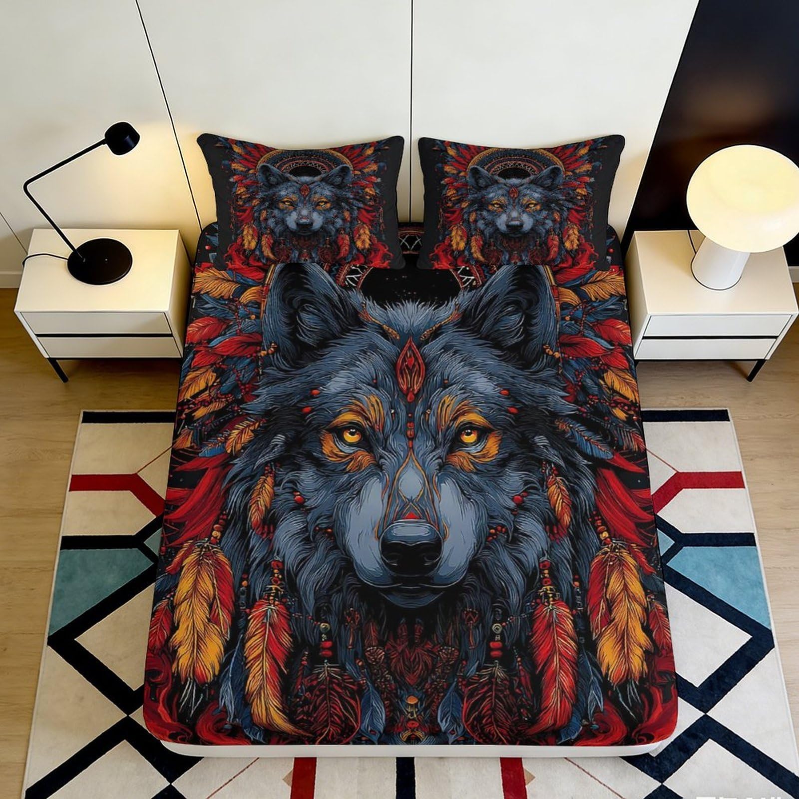 3D Printed Wolf Spirit Fitted Sheet Microfiber Breathable Red Feather Mattress Cover for Bedroom Guest Room Decor 90x200x25cm