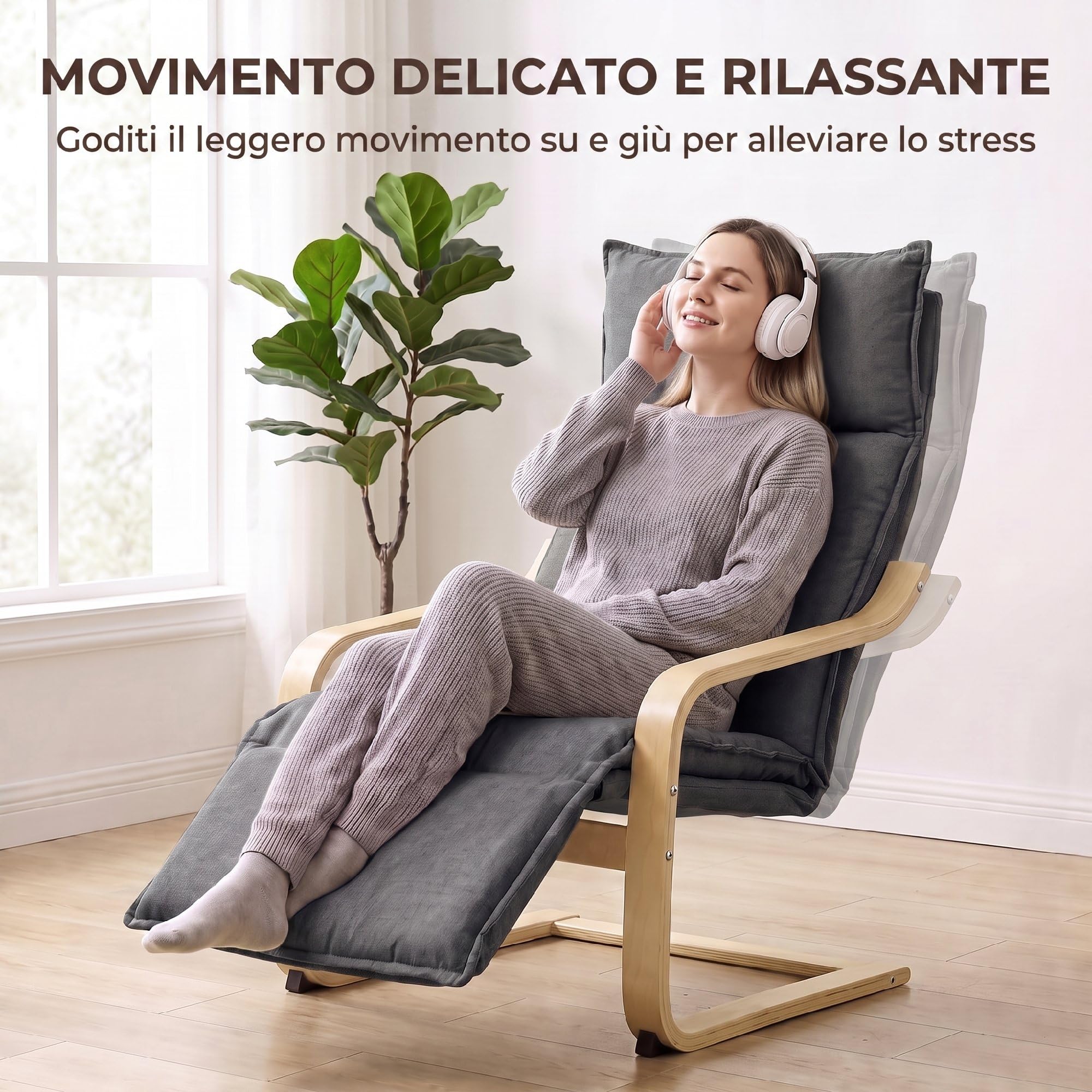 HOMCOM Poltrona Camera da Letto in Legno di Betulla con Poggiapiedi, Poltroncina Dondolo Ergonomica in Tessuto Effetto Lino, Seduta Imbottita, Braccioli Curvi, per Salotto e Soggiorno, Grigio Scuro
