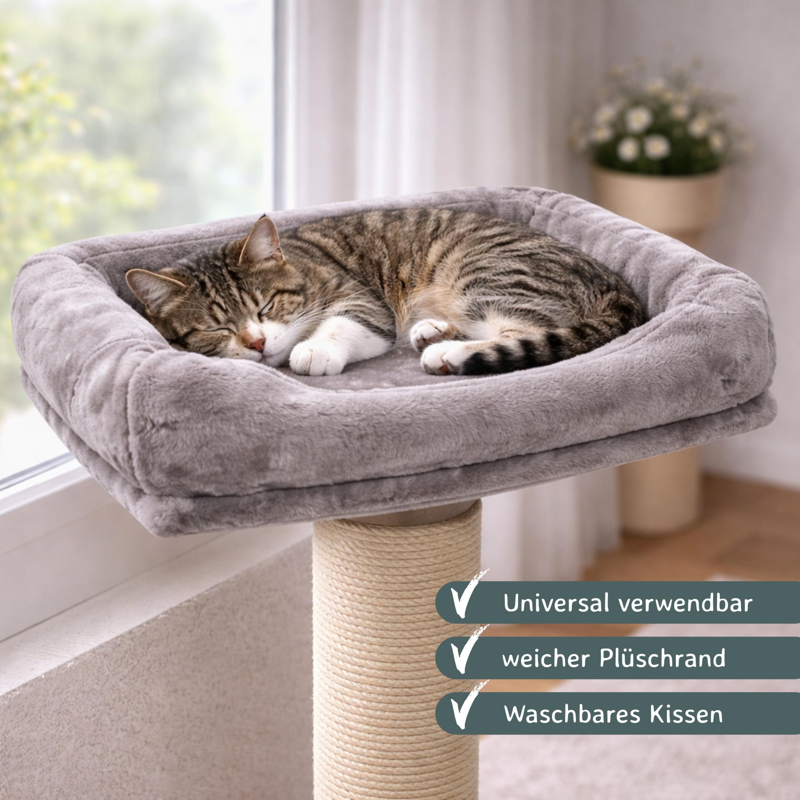 nanook Kratzbaum Liegeplatz Top für Katzen - Fensterbank Liege - Abnehmbarer Bezug - Plüschrand - XXL 53 x 40 cm - grau