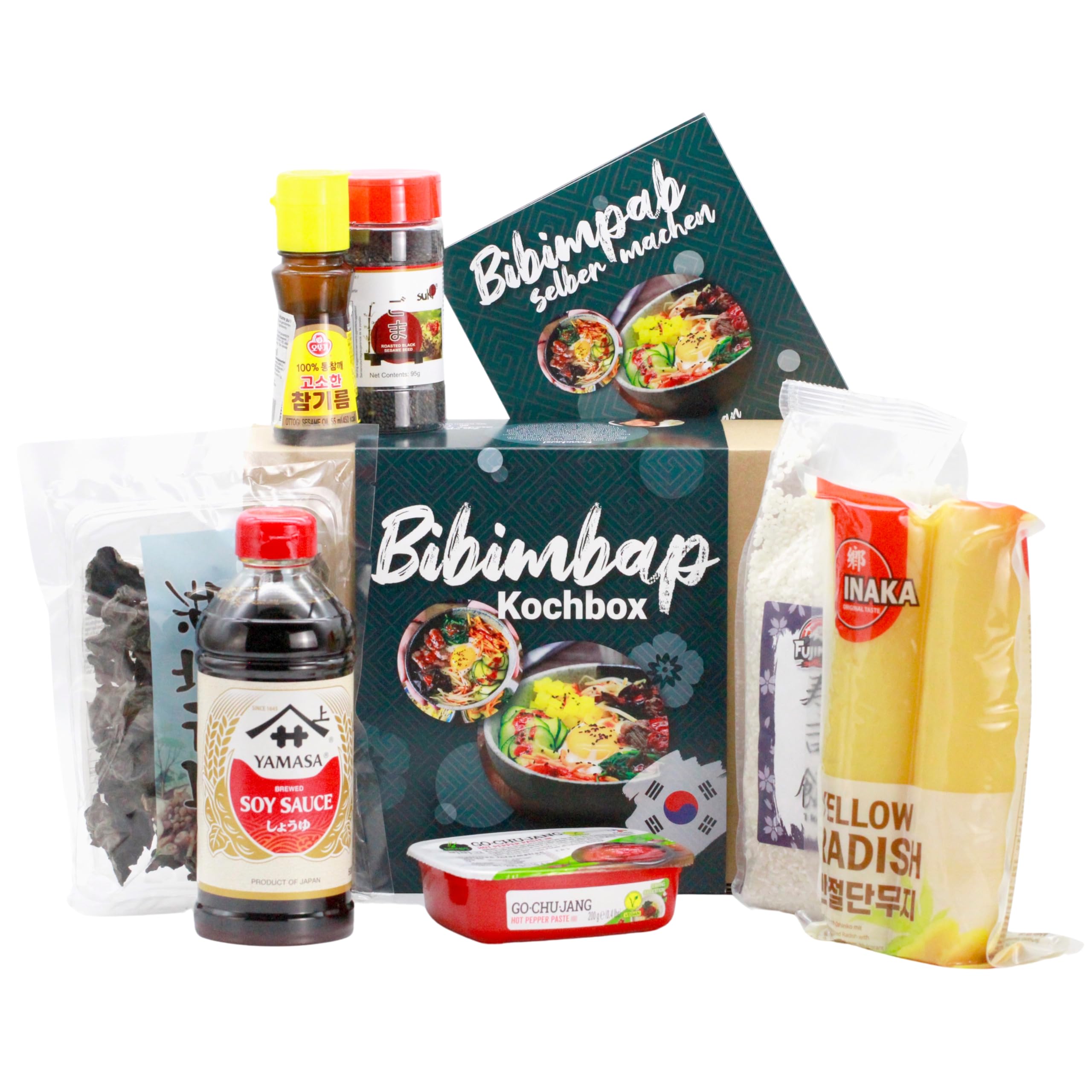 Bibimbap Kochbox (8-teilig, für 6 Portionen) – DIY Set inkl. Anleitung für Korean Rice Bowl – mit Reis, Gochujang, eingelegter Rettich, Sesamöl & mehr | auch für Anfänger, Geschenkidee