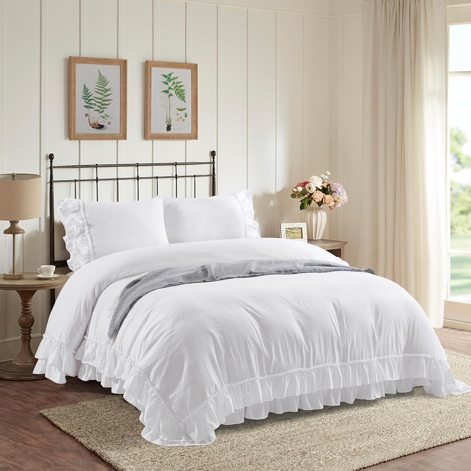 3 Pcs Farmhouse Ruffled Duvet Cover Set, Vintage Duvet Cover with 2 Rows of Handmade Ruffle, Solid Washed Microfiber Comforter Cover for Bedroom - 1 Duvet Cover, 2 Shams (White, King)