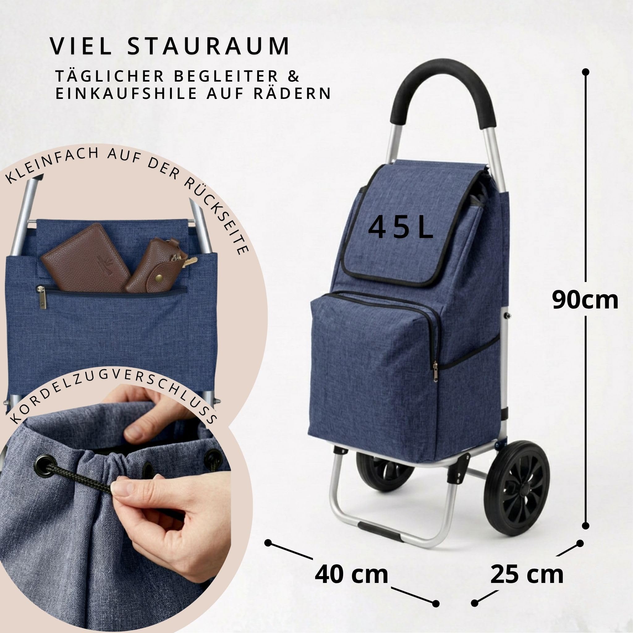 Einkaufstrolley klappbar mit Kühlfach, Einkaufshilfe Aluminium leicht, Einkaufswagen Shopper Trolley rückenschonend, inkl. Regenschirm (Navy Blau)