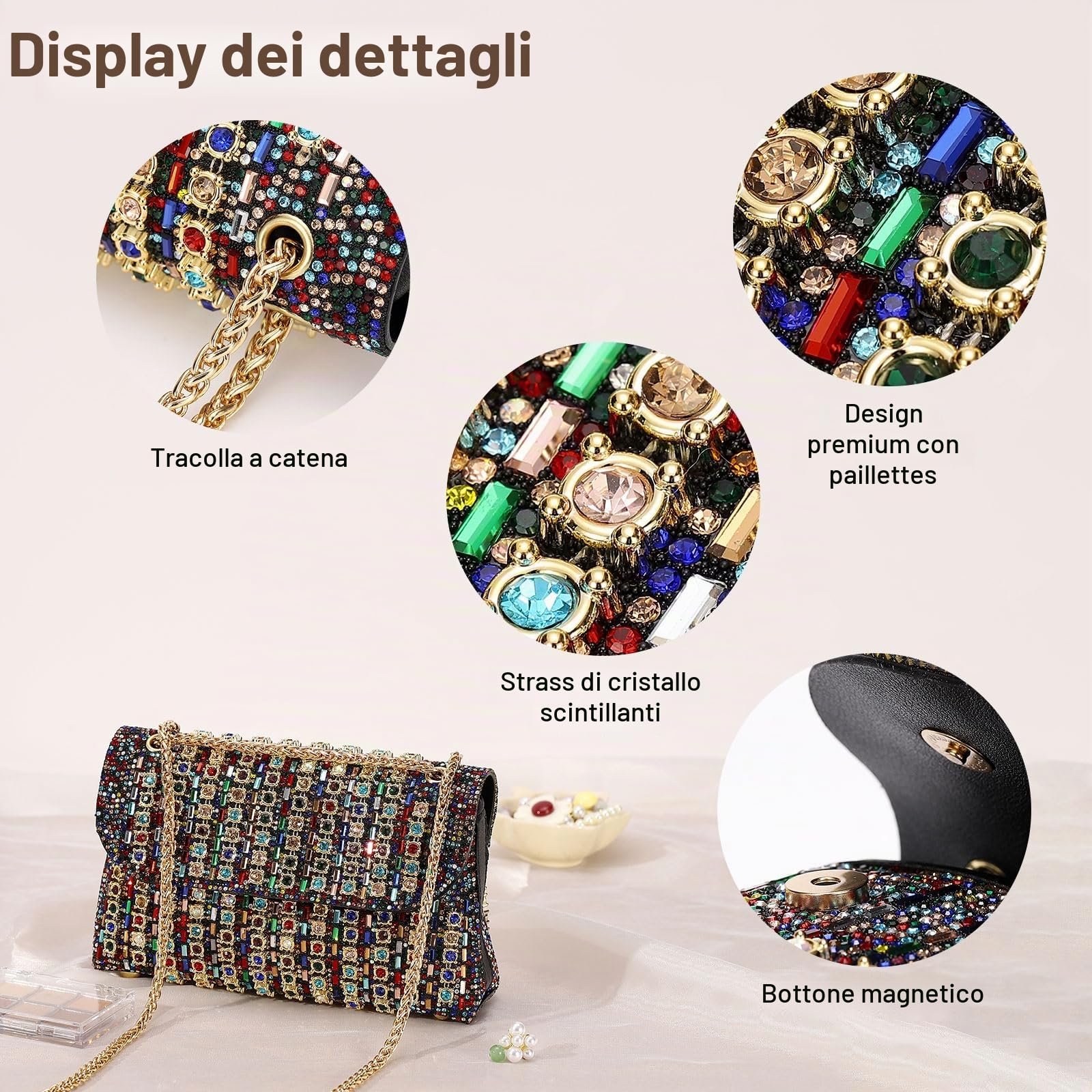 DTGN Pochette da sera da donna, formale, borsa a tracolla con catena a tracolla con strass di cristallo, scintillante ed elegante, per matrimoni, sposa, ospiti, feste, colorate, Colorato, L (US 12)