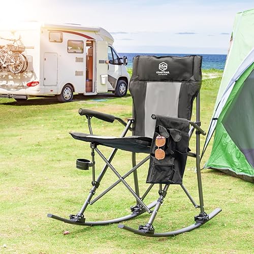 Miniatura 2 de Coastrail Outdoor Silla mecedora plegable de campamento con respaldo alto acolchado y soporte para tazas plegable, almacenamiento lateral, bolsillo