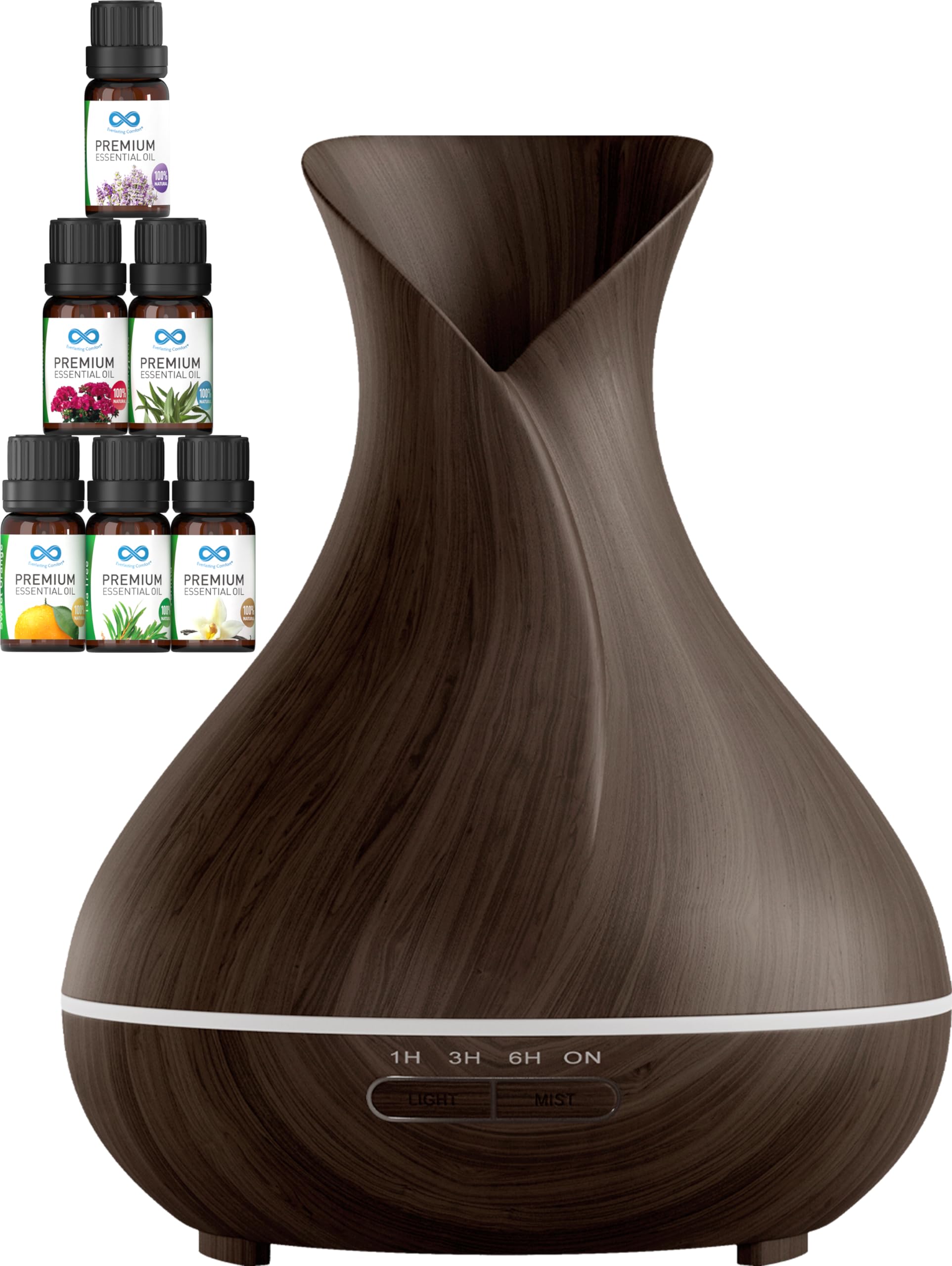 Everlasting Comfort Essential Oils Kit & Oil Diffuser (Dark) Bundle - All Natural Essential Oils for Diffuser, Humidifier, Skin - Essential Oil Diffuser (400ml) for Home Aromatherapy Air Scents