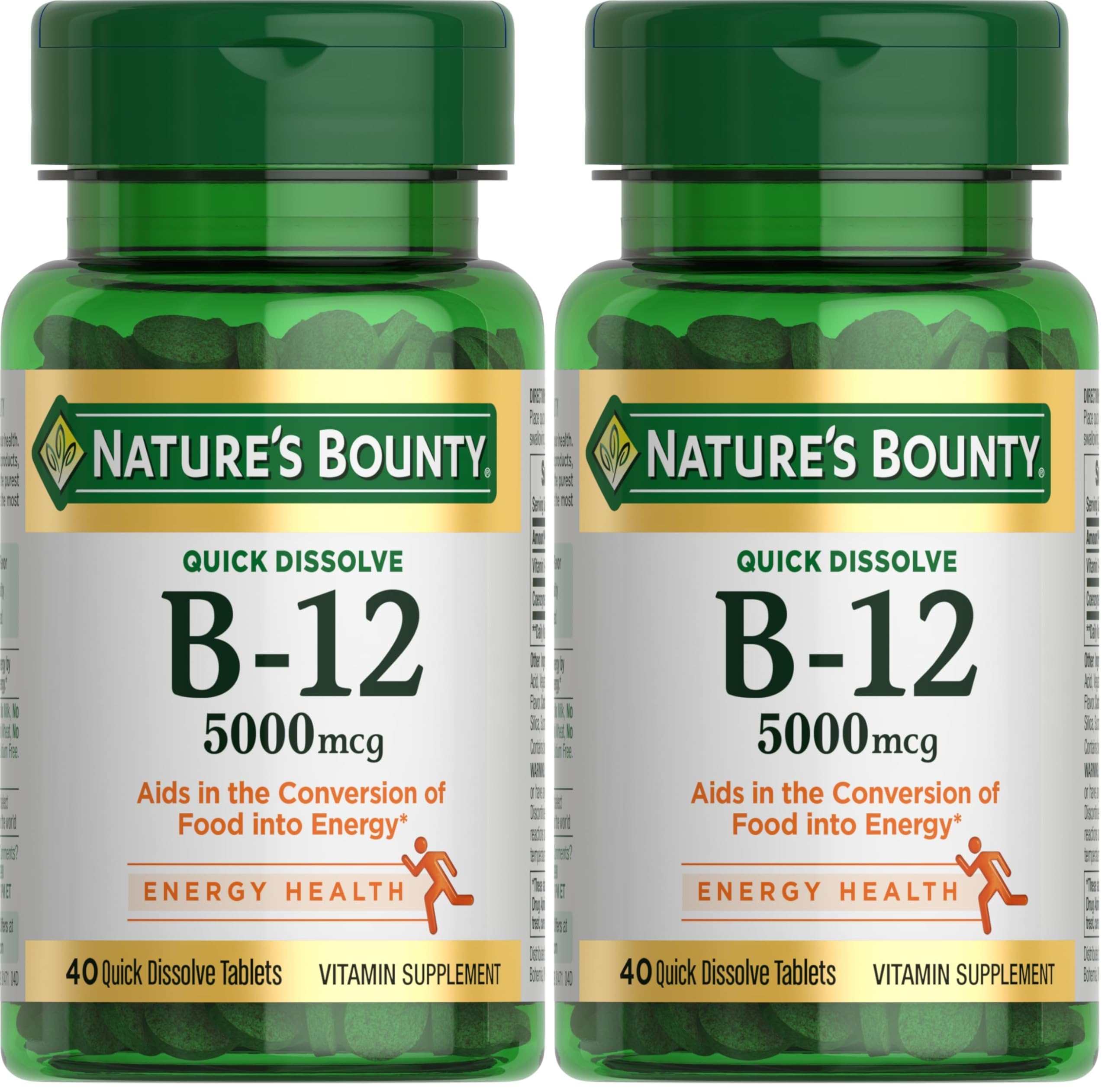 Nature's Bounty Vitamin B12, Supports Energy Metabolism and Nervous System Health, 5000mcg, 40 Quick Dissolve Tablets (Pack of 2) Cherry 40 Count (Pack of 2)