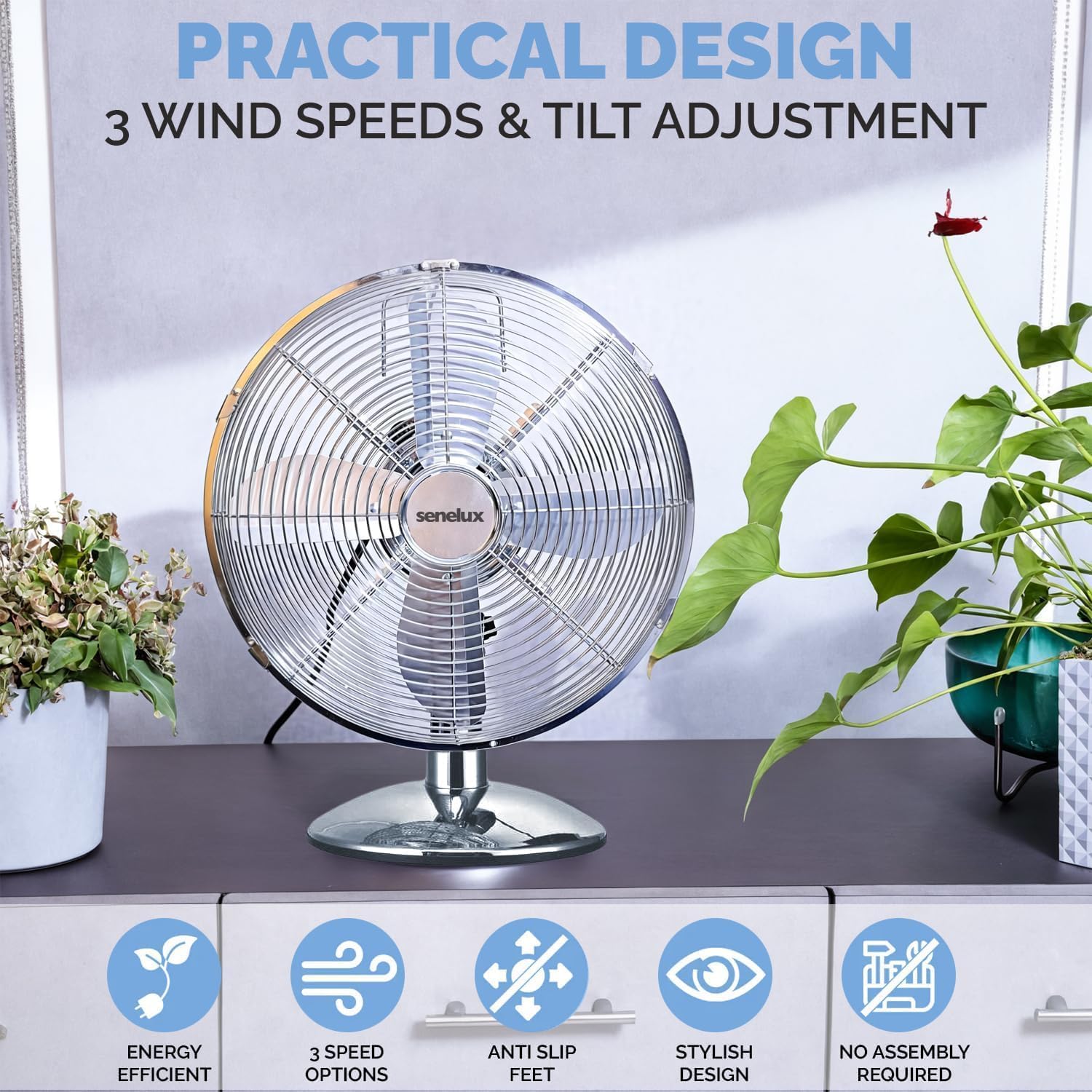 Senelux 30 cm (12 Zoll) Chrom-Tischventilator, 3 Geschwindigkeitsstufen, leiser Betrieb, oszillierend, stabiler Standfuß, Tisch-/Nachttischventilator, Retro-Chrom-Design, ideal für Zuhause und Büro