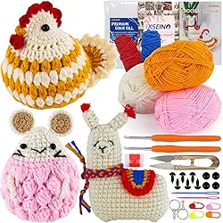 XSEINO Kit de crochê para iniciantes - Kit inicial de crochê com tutoriais em vídeo passo a passo - Aprenda a fazer kits de crochê para adultos e crianças - Alpaca, hamster, frango gordinho