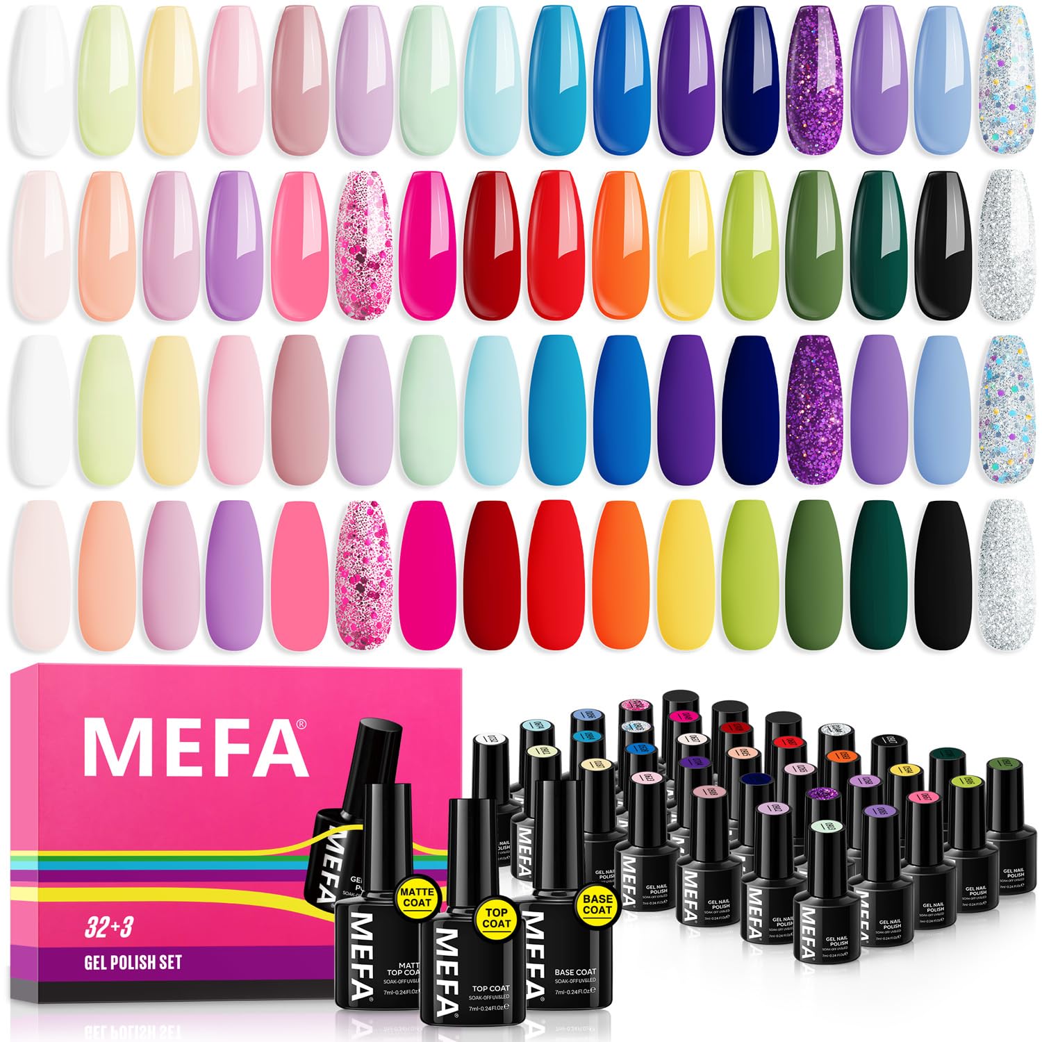 MEFA Pintauñas Semipermanente, 35pcs de Esmaltes Semipermanentes para Uñas Remojo Macarrón con Base, Top Coat Brillante y Mate, Set Esmalte de Uñas Semipermanentes con Rosa Blanco Negro Rojo