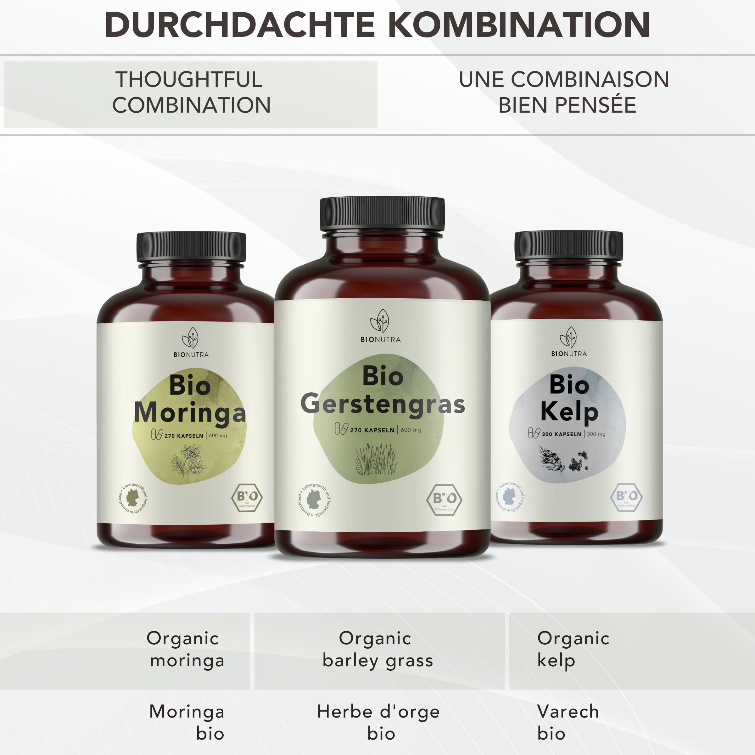 BIONUTRA® Capsule di Erba d’Orzo Bio ad alto dosaggio, 4800 mg dose giornaliera, controllate per residui, produzione tedesca, vegane, senza additivi, polvere di erba d’orzo bio, 270 pezzi x 600 mg