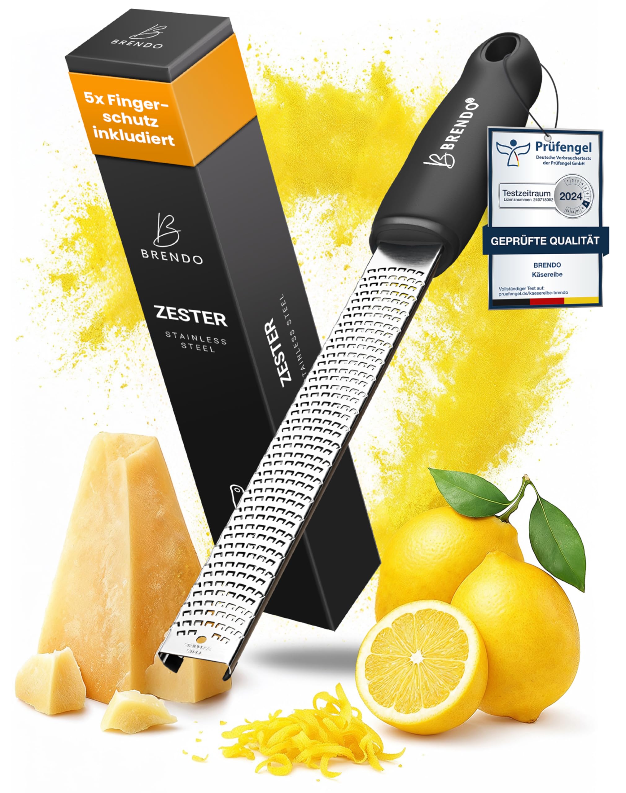 Brendo Premium Zester Reibe I Käsereibe Schwarz I Edelstahlklinge I Knoblauchreibe, Muskatnuss Reibe, Zitronenreibe, Ingwerreibe, Parmesanreibe I Fingerschutz, Schutzhülle & Reinigungsbürste
