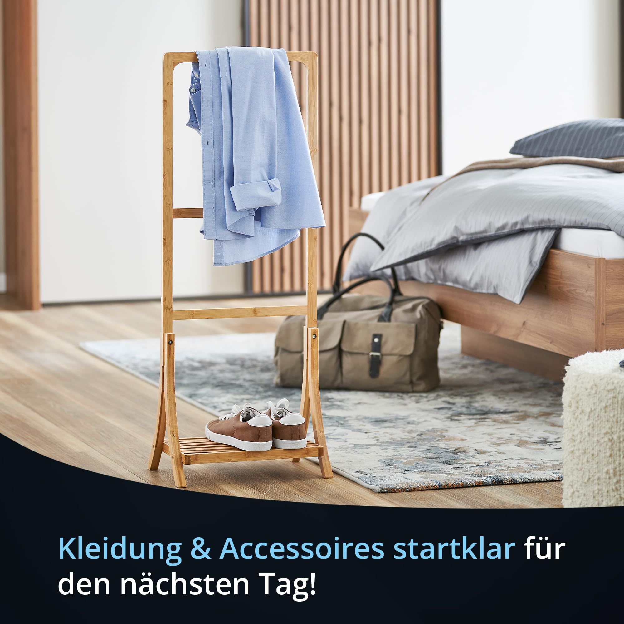 KHG Herrendiener aus Bambus Echtholz für Kleidung, Sackohalter mit Hosenbügel sowie Schuhablage, Stummer Diener fürs Schlafzimmer 104x40x28 cm
