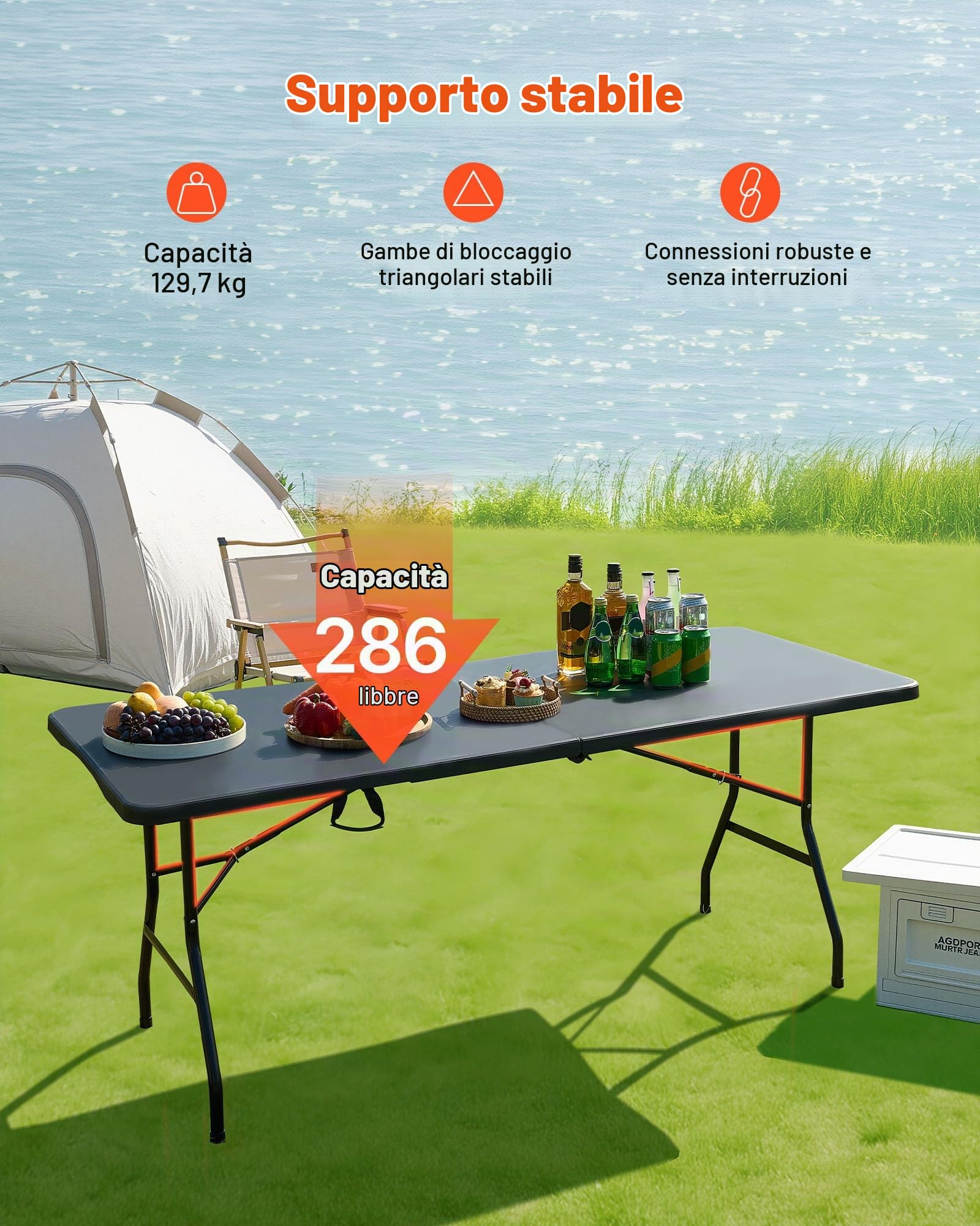 VEVOR Tavolo Pieghevole a Metà, Tavolo in Plastica Resistente Portatile e Rettangolare da 1800x740x740 mm, per Interni ed Esterni con Maniglia Integrata, per Feste, Cene, Picnic, Bianco