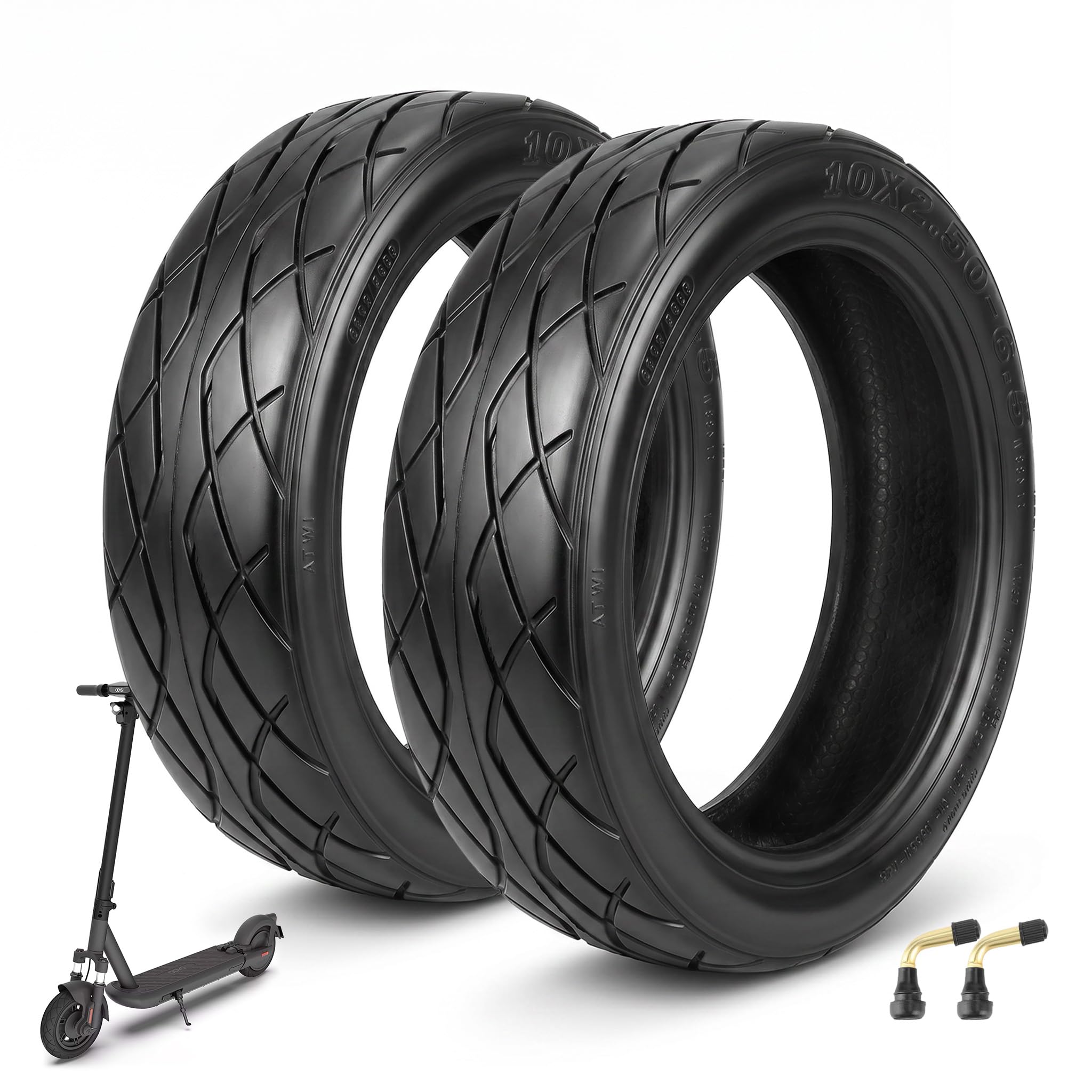 Lot de 2 pneus de scooter sans chambre à air 10 x 2,50-6,5 E - Pour scooter électrique ODYS Neo E100 - 10" - Pneu de rechange sans chambre à air - Avant et arrière - Avec valve (CHAOYANG-2