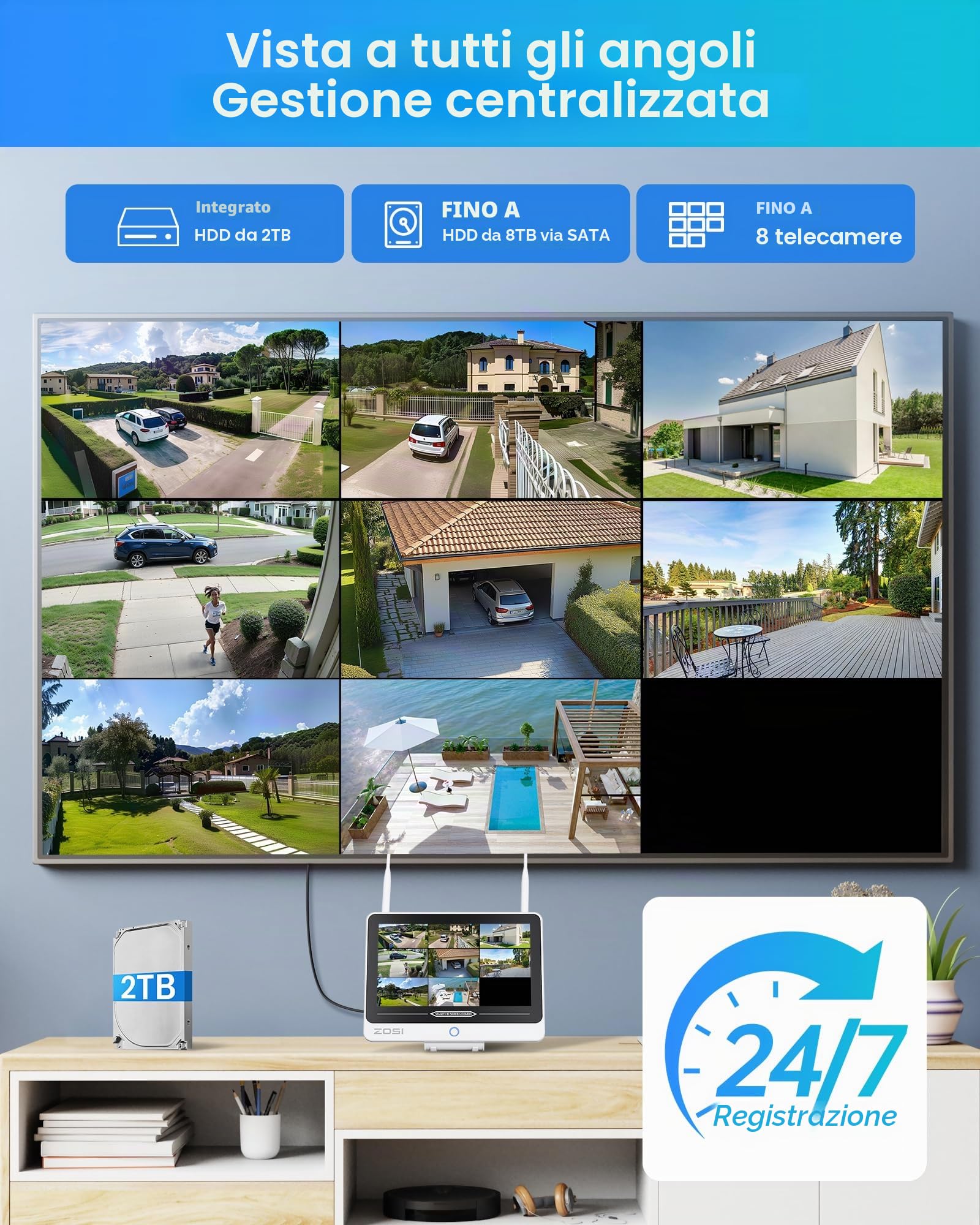 ZOSI 5MP Telecamera di Sorveglianza per Esterno, 8CH 2TB NVR con 12” Monitor, 8x Telecamera WiFi 6 Pan &Tilt, Audio a 2 Vie, Rilevamento Persone AI, Visione Notturna a Colori, C280