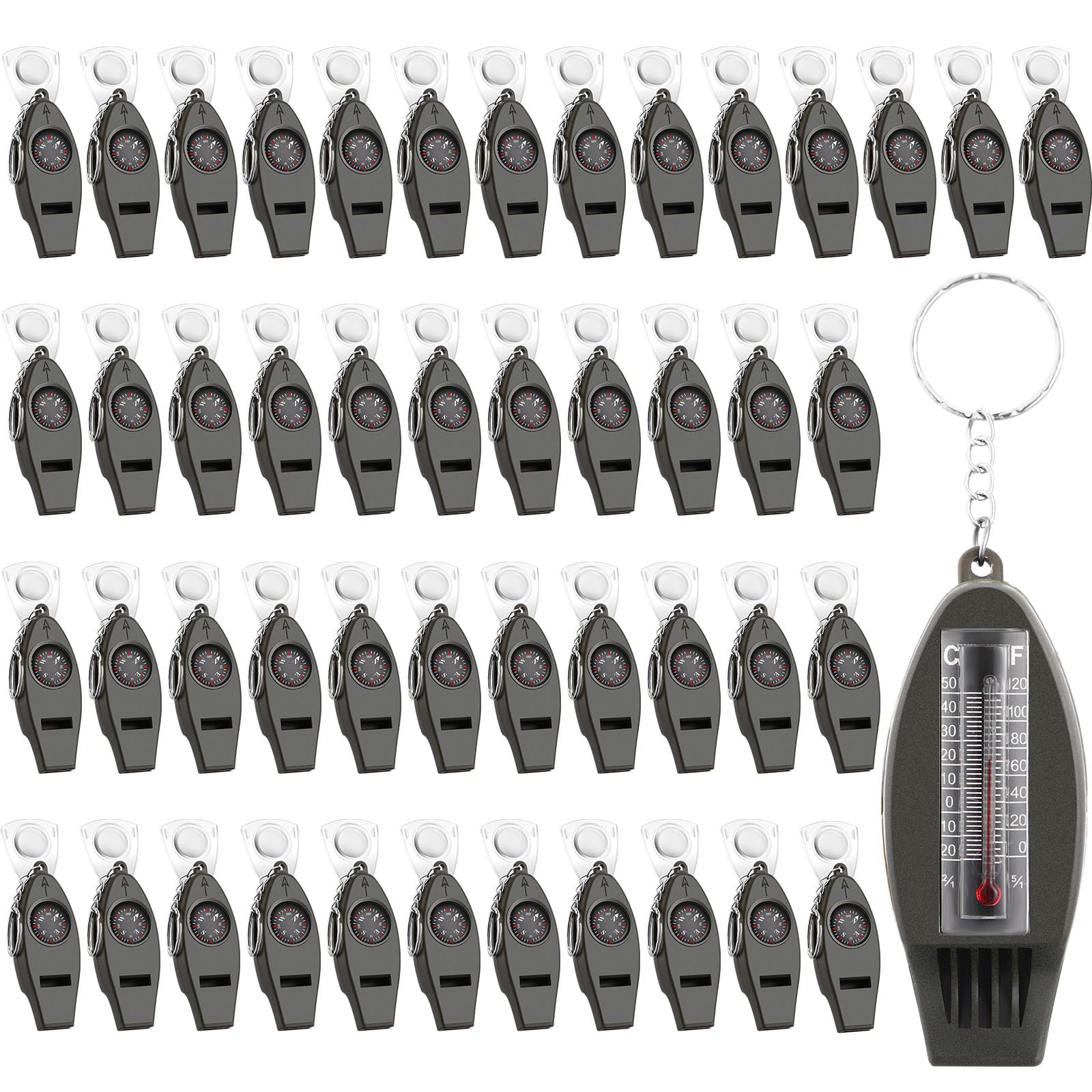 48 Pcs 4 in 1 Emergency Survival Function Whistle, Whistle Compass Magnifier Thermometer Keychain Multifunctional Safety Whistle with Lanyard for Hiking Backpacking Travel Outdoor Survival
