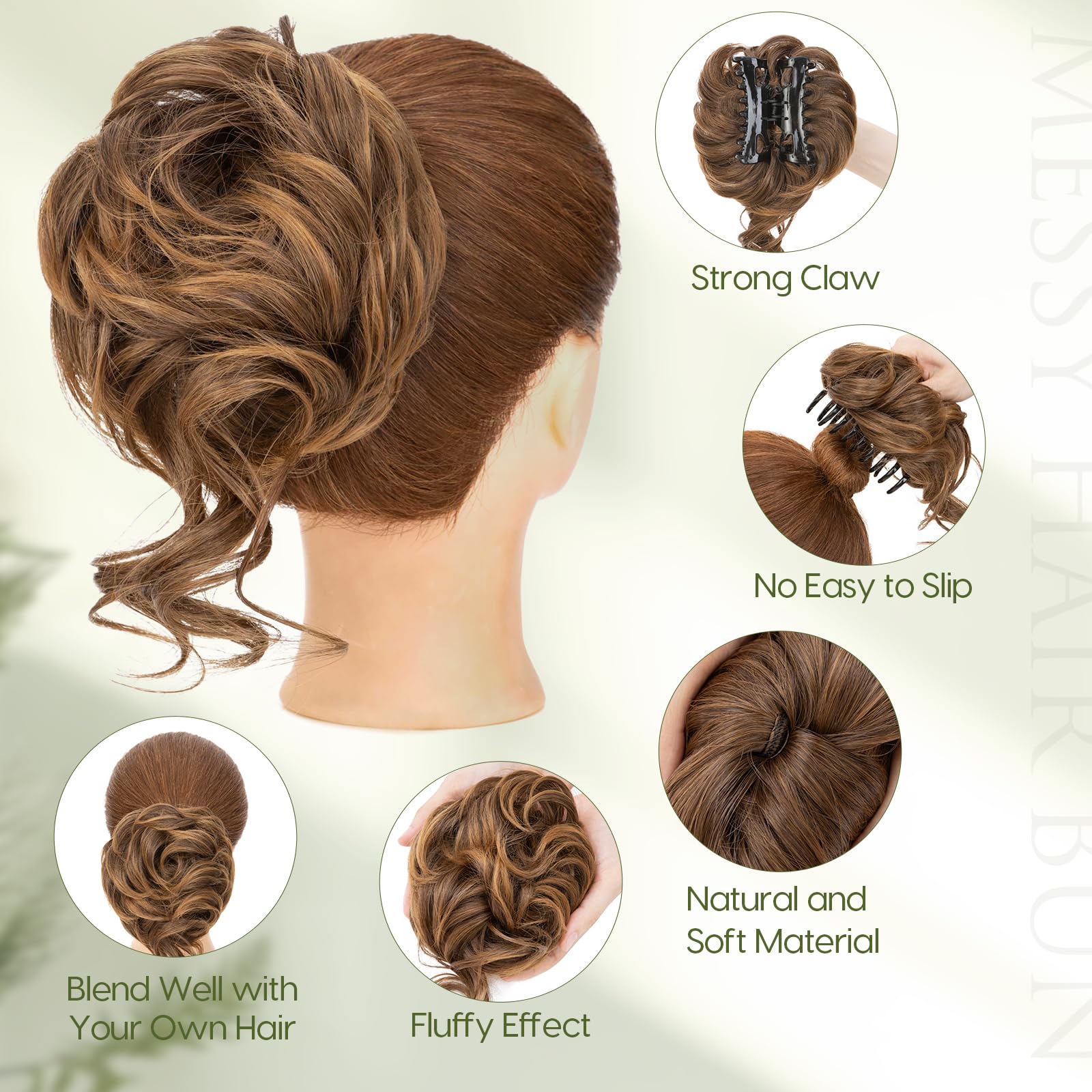 Benehair Messy Bun Hair Piece Wavy Curly Claw Clip Hair Bun Extensions Synthetic Hair Bun Donut Accessories Scrunchies Hair Pieces for Women(Brown with Light Brown - Image 3