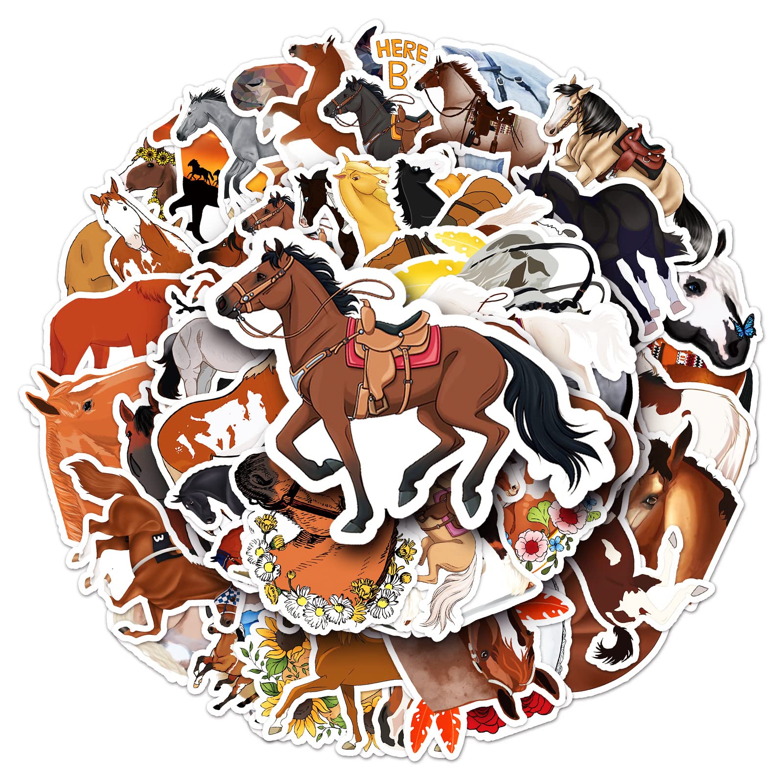 50Pcs Horse Stickers - Laptop, Car, Scrapbook, Phone, Skateboard, Suitcase, Luggage, Bike, Riding Horse - Vinyl, Waterproof, Aesthetic, Personalised Stickers for Teens, Boys, Girls, Adults, Children