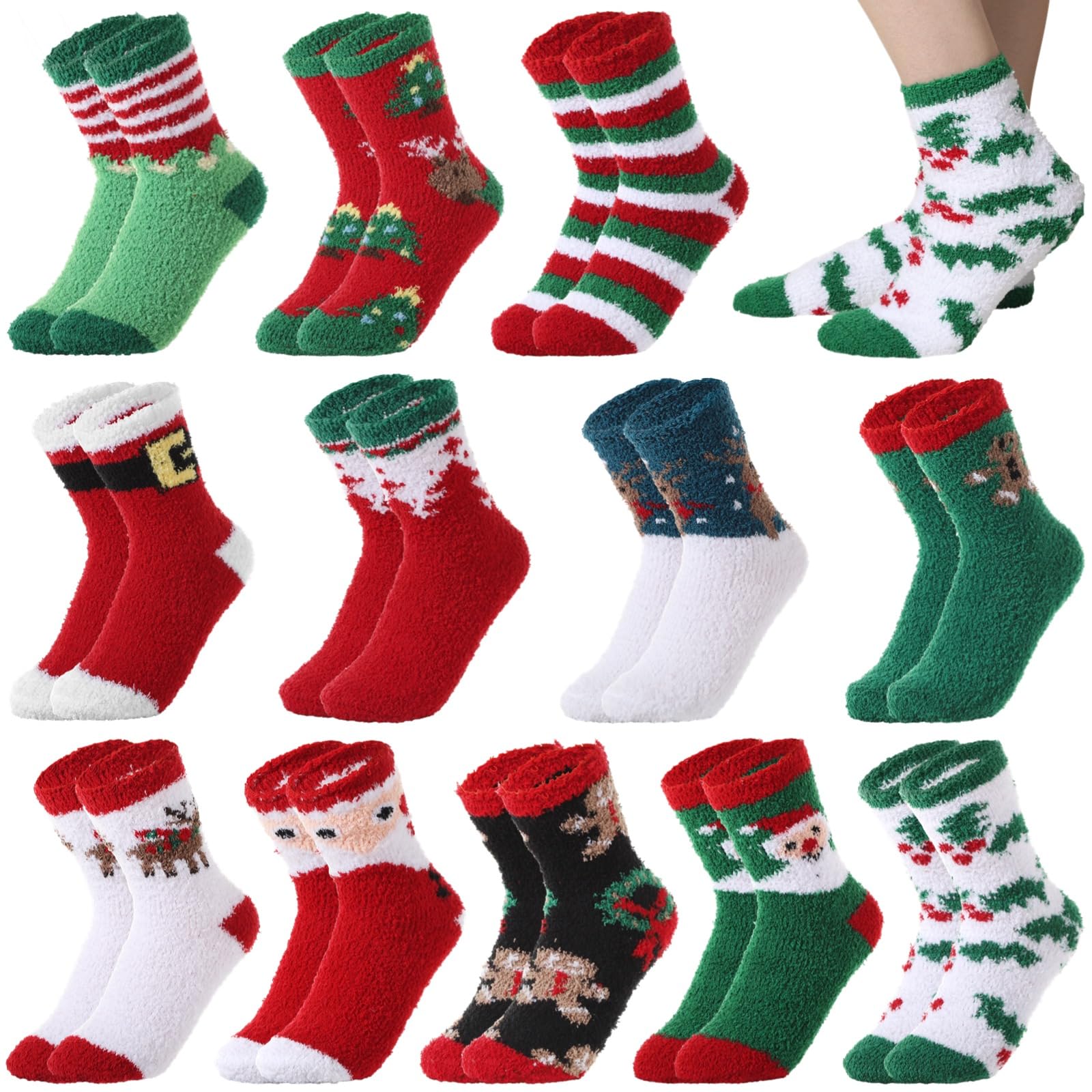 Generisch 12 Paar Weihnachts-Socken für Damen, dickes Coral Fleece, flauschige Wintersocken mit festlichen Motiven, wärmende Mid-Calf-Socken bis zur Wade, Geschenk für Mutter, Ehefrau, Freundin, Oma