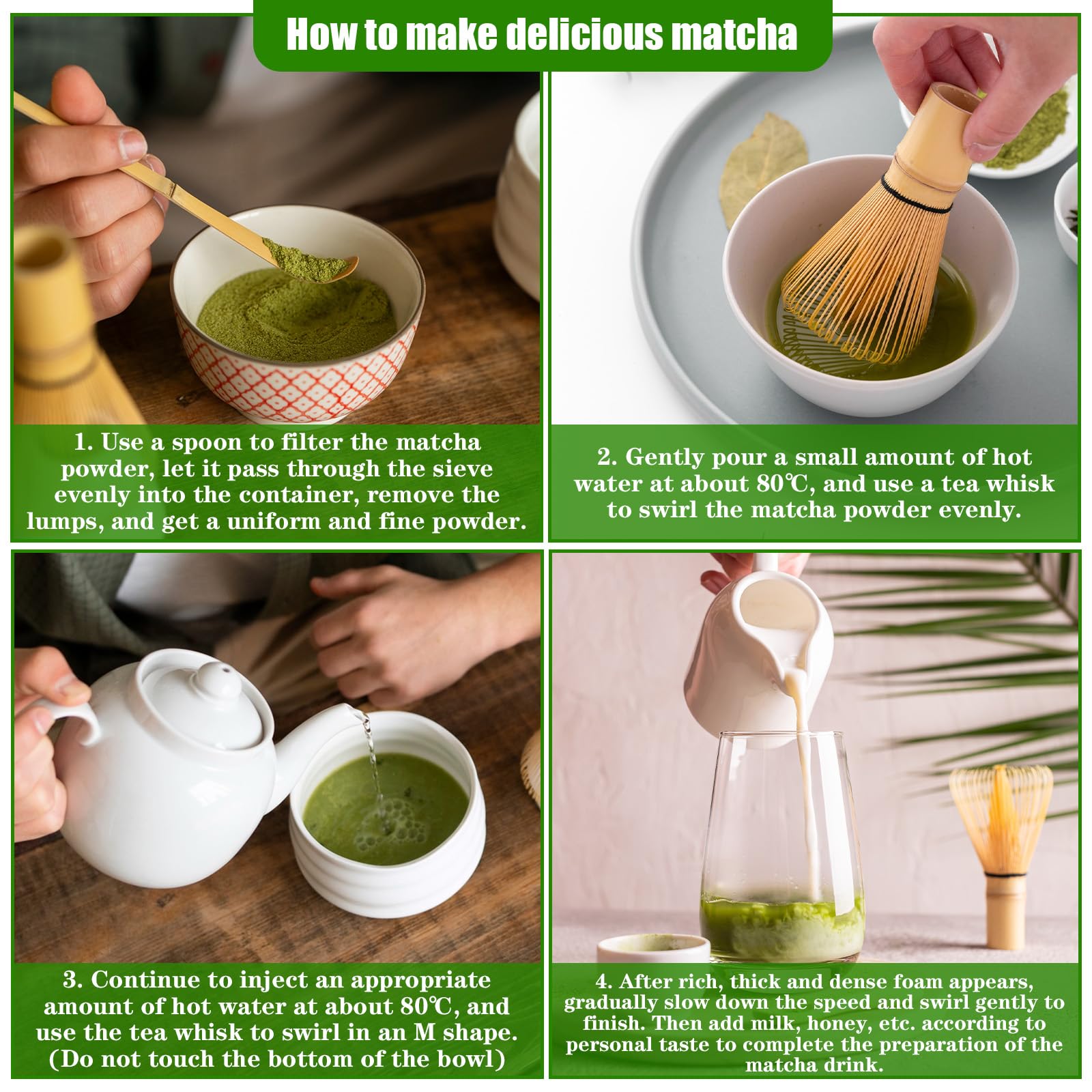 4 Stück Matcha Tee Set, Matcha Besen Zubehör Set, Bambusbesen Japanisches Zeremonien Ohne Pulver, Stylisches Matcha Starter Set, Besen aus Naturbambus Kit, Zubehör für die Teezeremonie